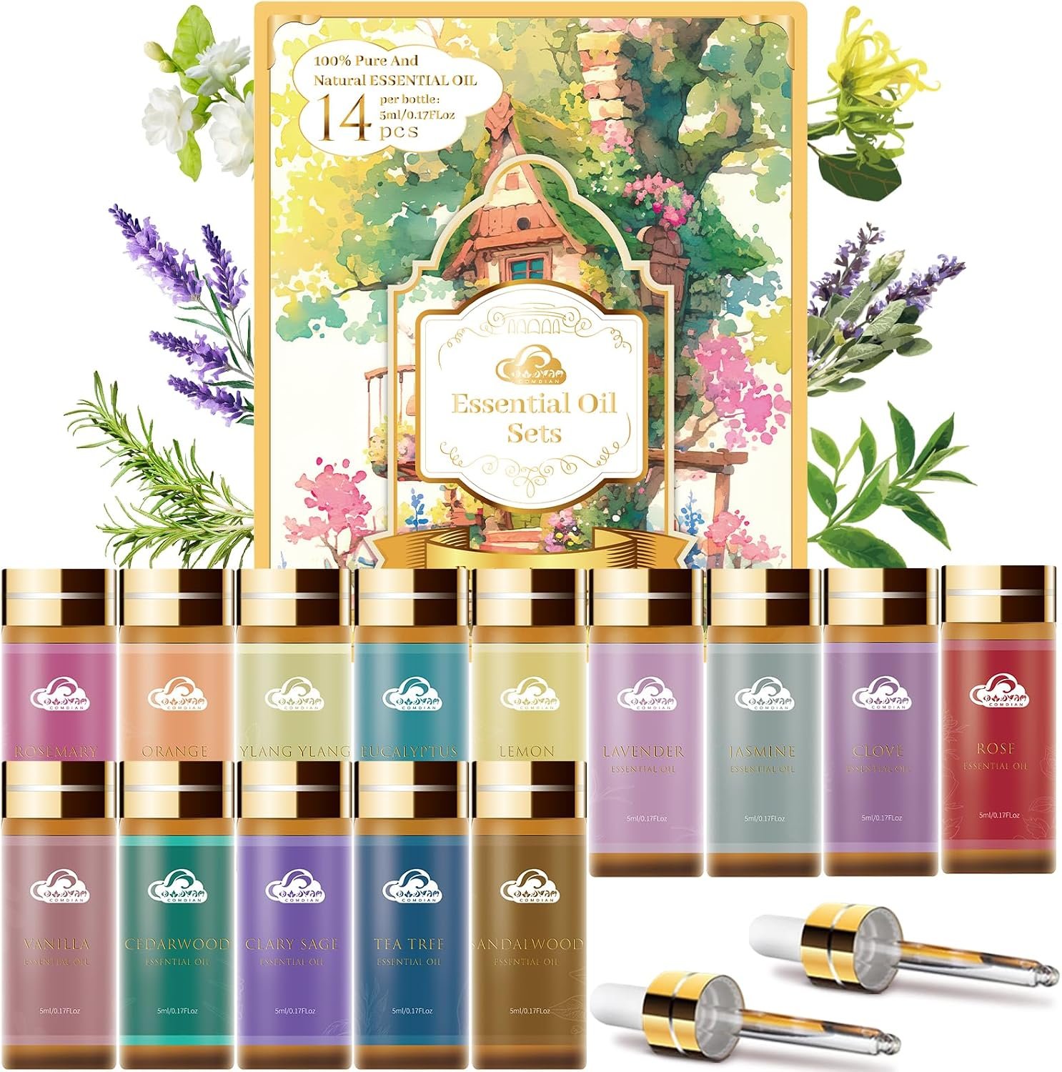 Fragrance Essential Oils Set – 14pcs, Aromatherapy Oils for Skin, Diffusers, Home Care, Humidifier Laundry, Candle Making – Tea Tree, Sandalwood, Lavender, Vanilla, Eucalyptus and More (5mL)