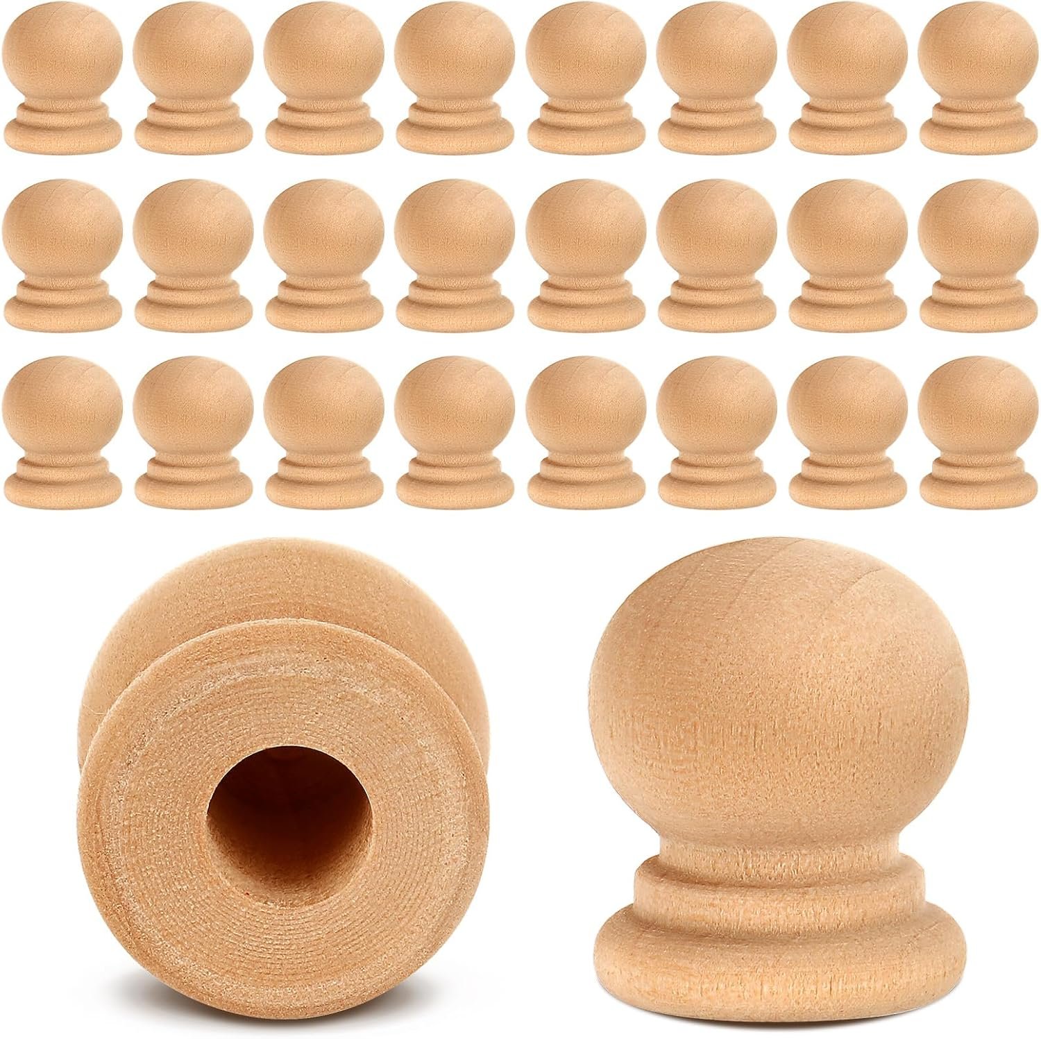 Pinkunn 100 Pcs Wood Drawer Knobs Finial Dowel Rod Unfinished, Classic Ball