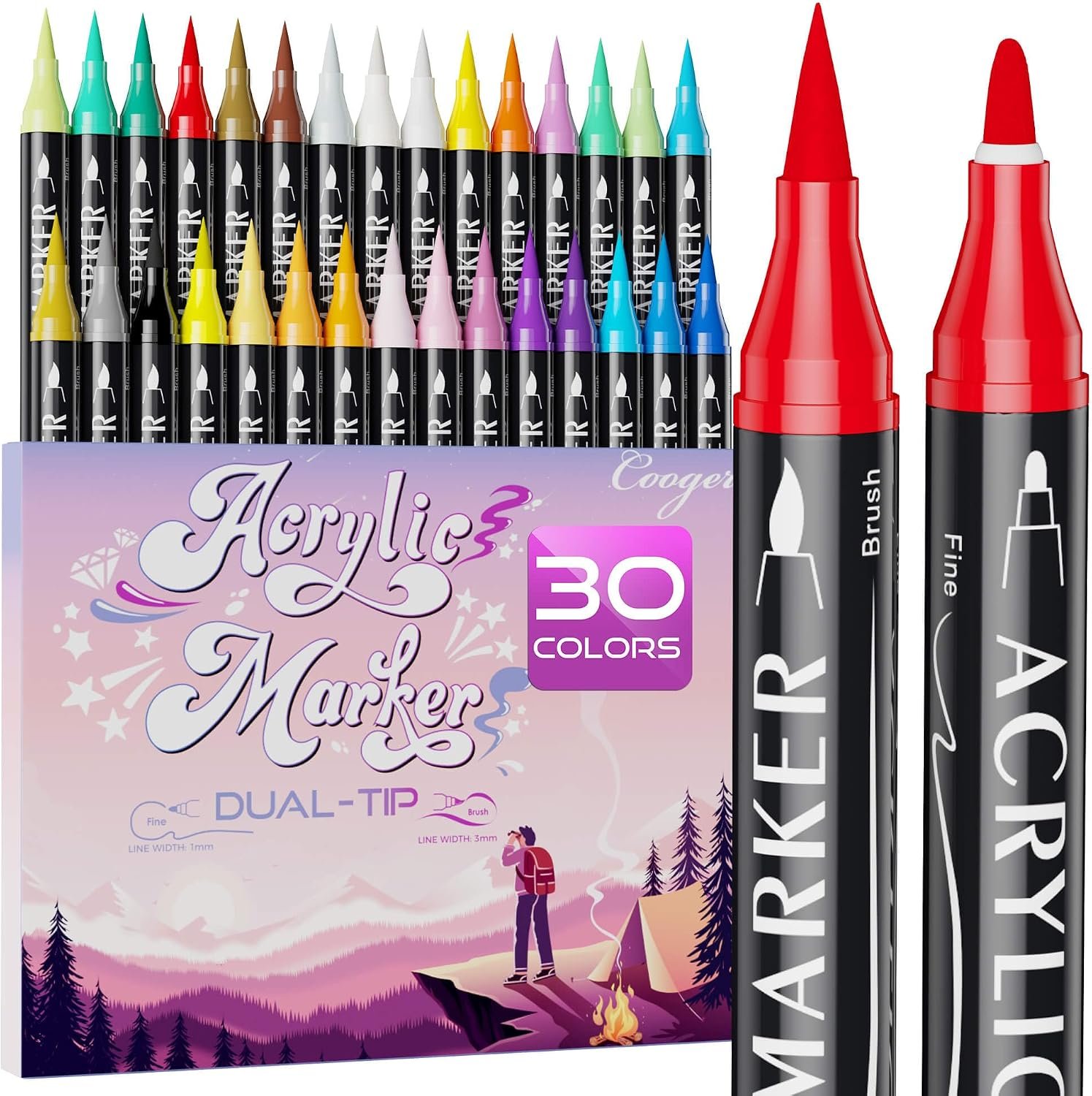 Coogert 30 Colors Dual Tip Acrylic Paint Markers, 1mm Fine Tip & Brush Tip