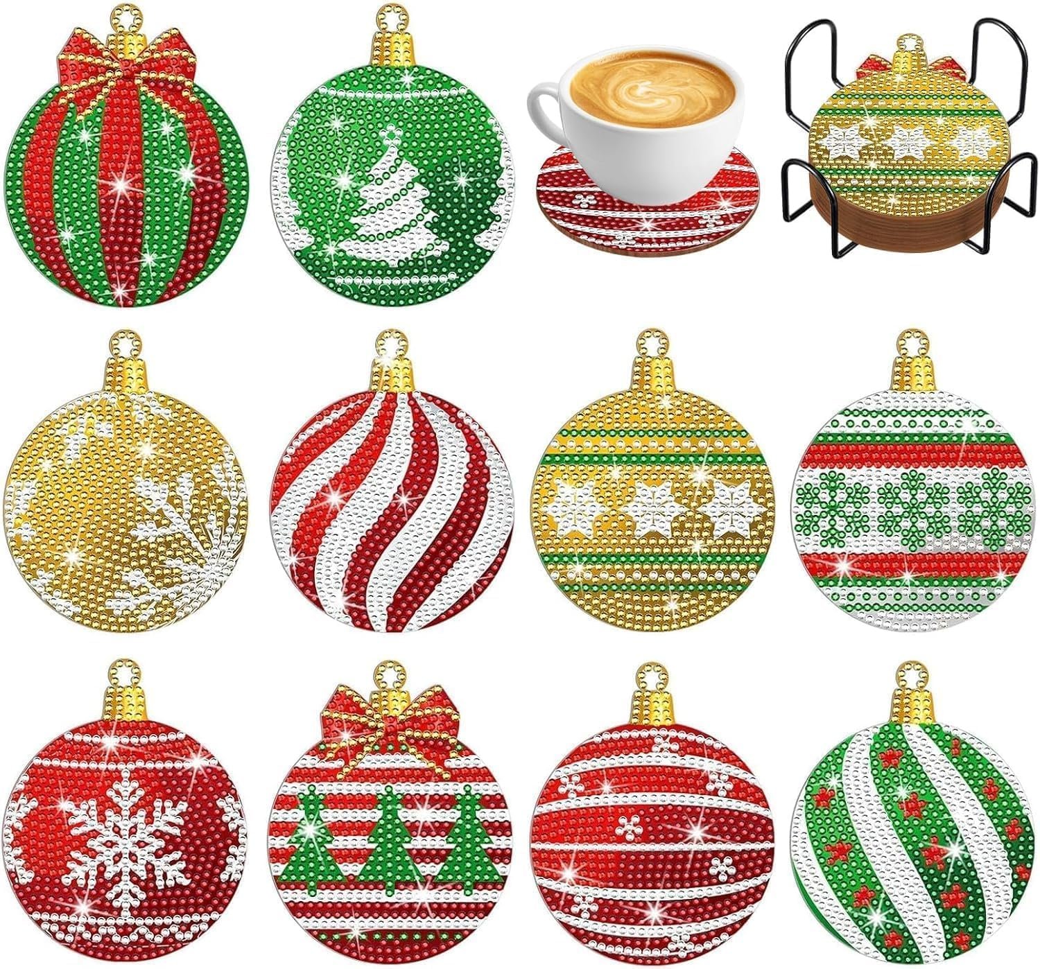 Hoxxu 10pcs Christmas Diamond Art Coasters Kit,5D Painting Kits with Stand