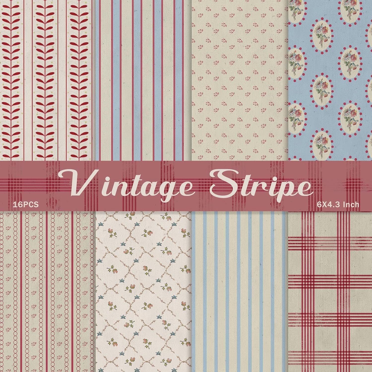 PRSTINCOL Scrapbook Paper,16 Sheets 4.1×5.8 Inch Vintage Stripe Style Scrapbook Supplies,Single-Sided Vivid Origami Decoupage Paper for DIY Crafts, Card Making, Art Journaling