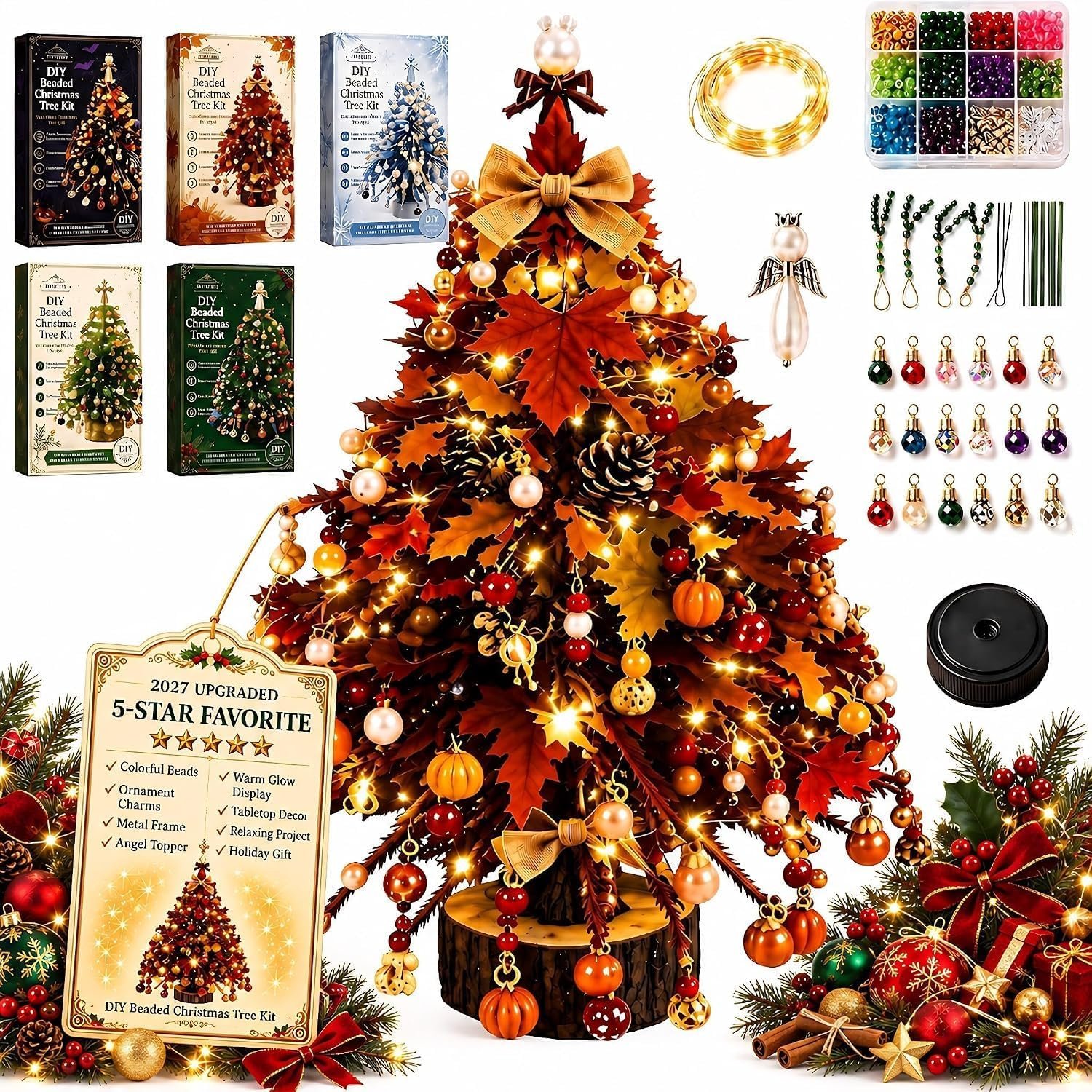 Krejova Christmas Tree, DIY Holiday Craft with Colorful Beads and Angel Topper, Tabletop Christmas Decorations for Mantel, Shelf, Desk and Seasonal Crafting，Autumn
