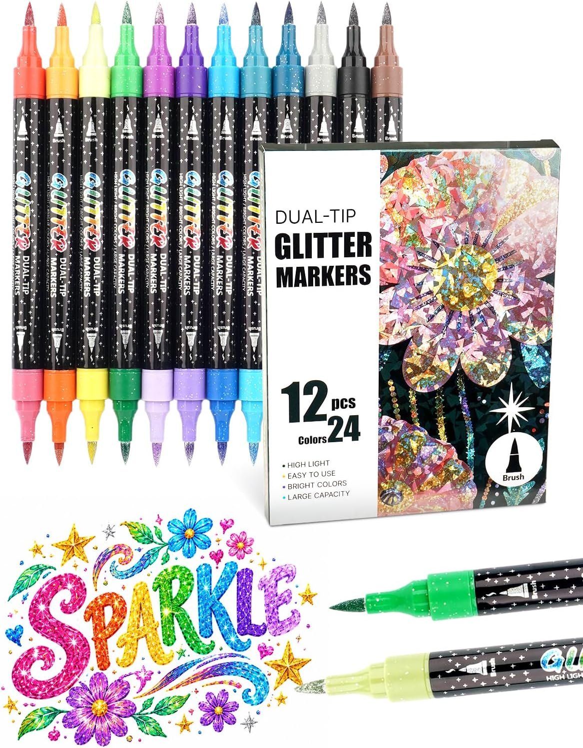 24 Colors Acrylic Paint Glitter Markers with 12 Dual-Color Brush Tips