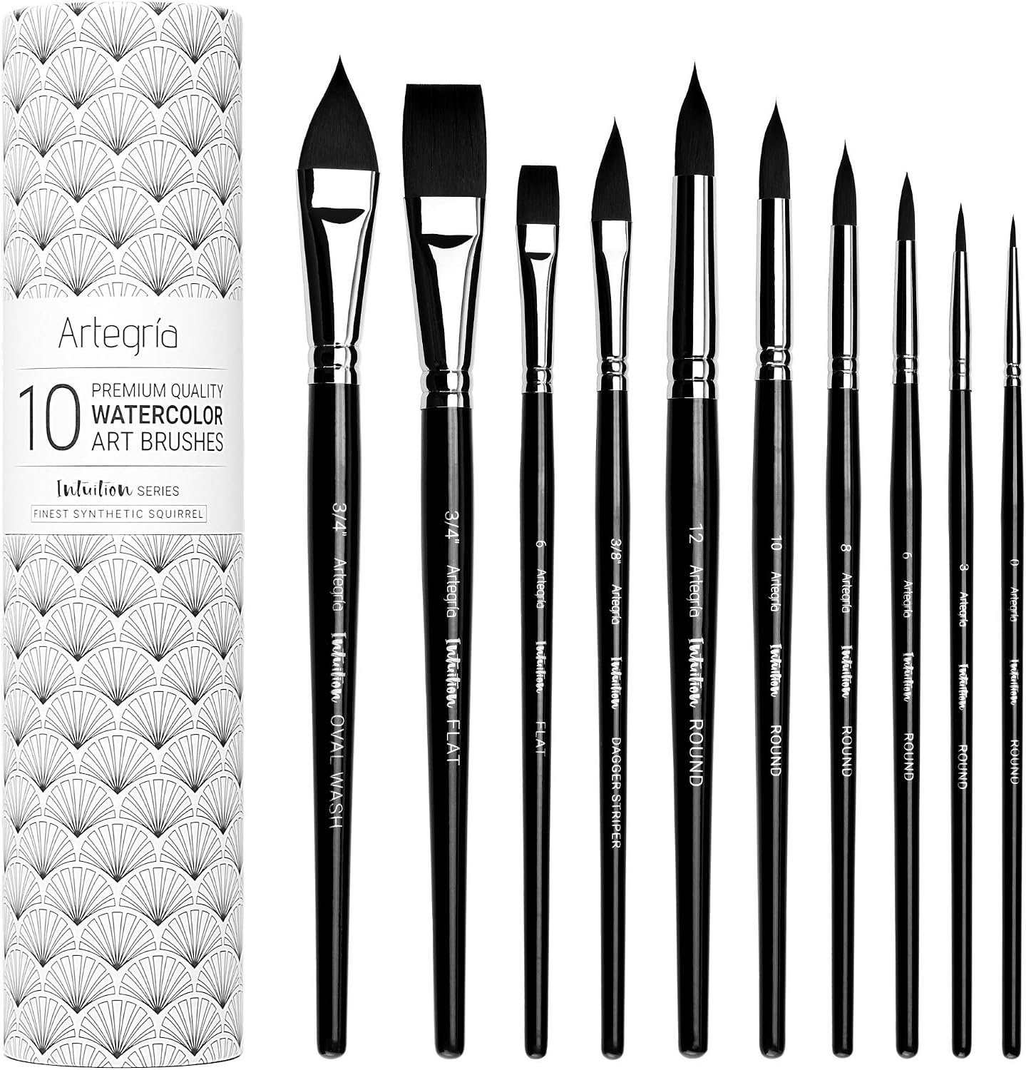 ARTEGRIA Watercolor Brush Set, 10 Soft Synthetic Squirrel Brushes