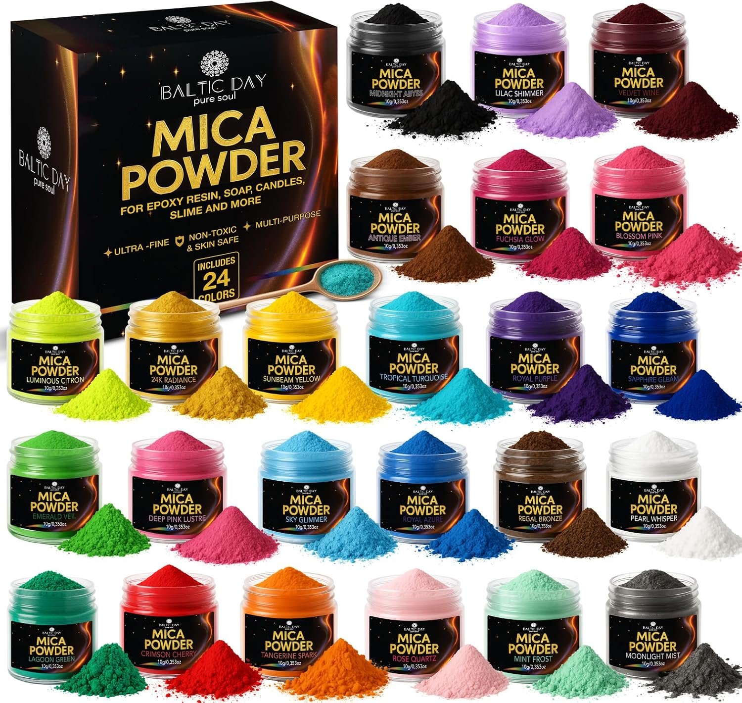 BALTIC DAY Mica Powder for Epoxy Resin – 24 Ultra-Vibrant Colors in Large 10g Jars (240g Total) – High-Pigment Cosmetic-Grade Pearlescent Powder for Soap, Slime, Candle Dye & Crafts