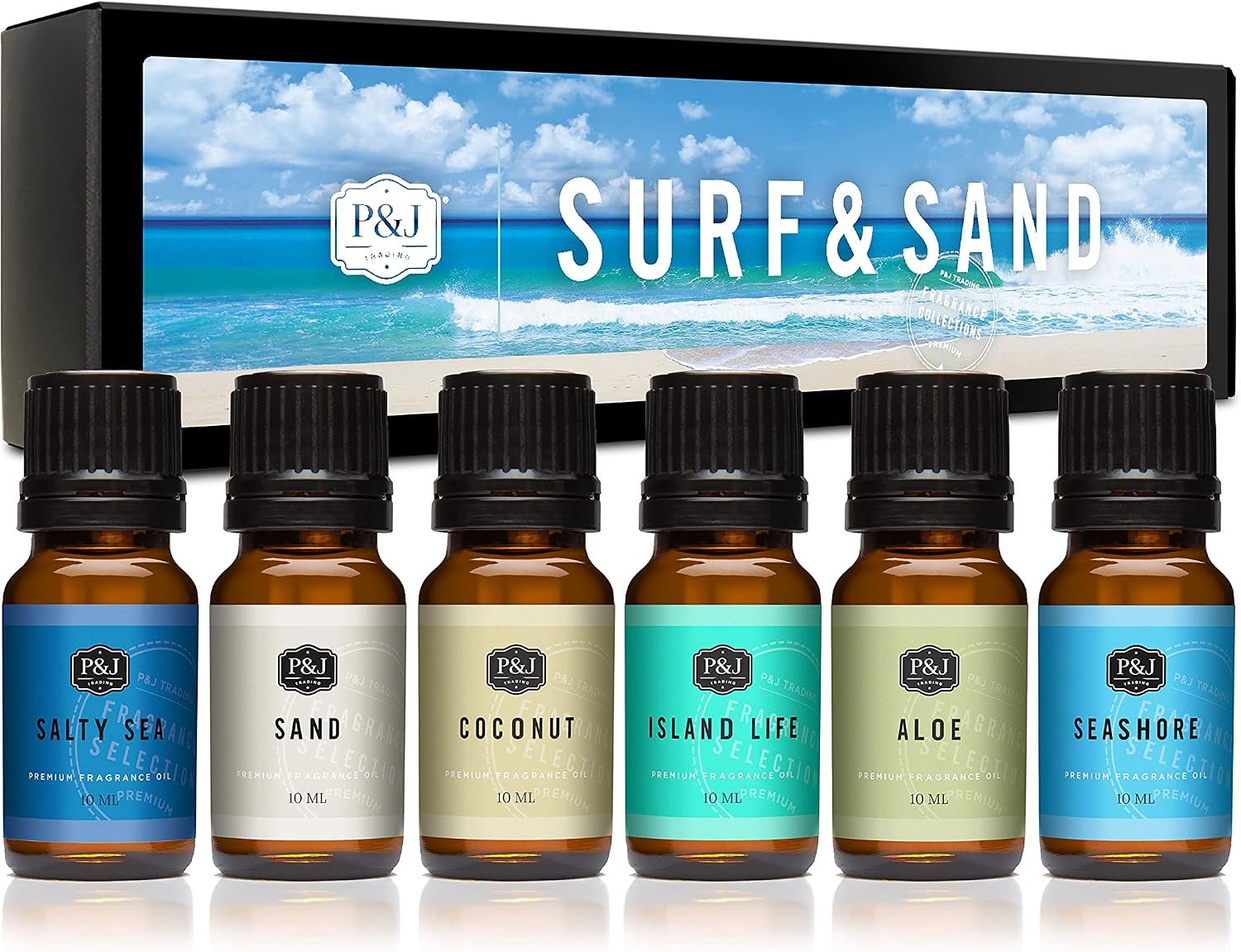 P&J Trading Fragrance Oil Surf & Sand Set | Salty Sea, Sand, Coconut, Island Life, Aloe, Seashore Candle for Candle Making, Freshie Scents, Soap Making Supplies, Diffuser Oil Scents