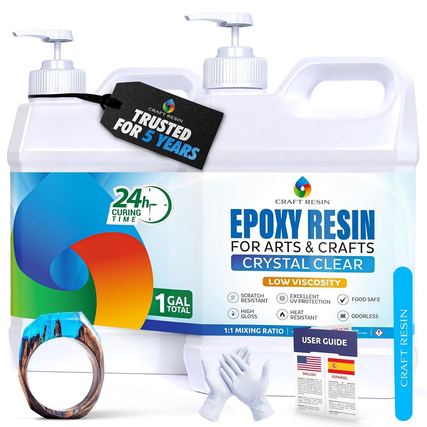 CRAFT RESIN 1 Gallon Crystal Clear Epoxy Resin Kit with Pumps – Food Safe & UV Resistant for DIY Art, Wood, Jewelry Making, Coasters, Mold Casting Resin Epoxy – Low Viscosity for Beginners & Pros