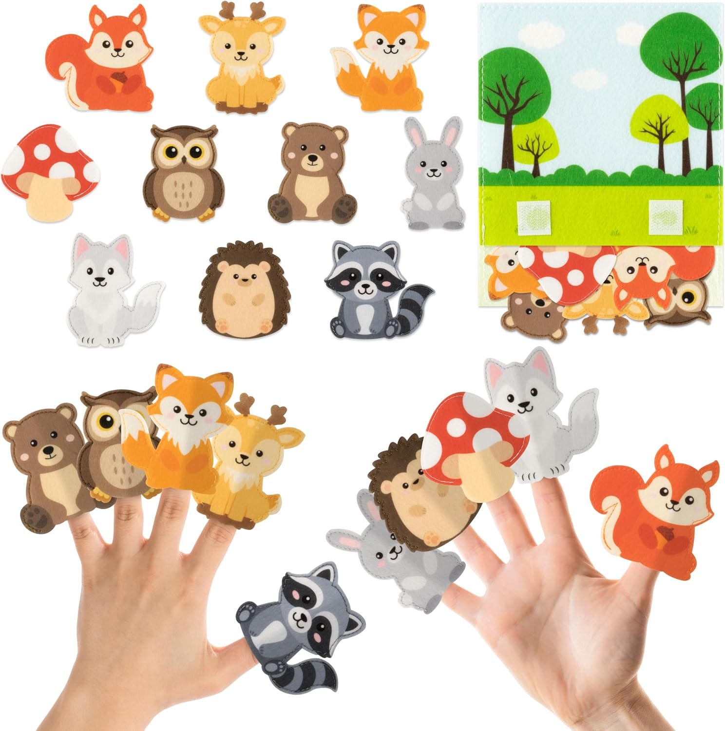 COcnny Woodland Animal Finger Puppets – 11pcs Forest Animal Felt Finger Puppet with Storage Bag Set Making Crafts for Kids, Make Your Own Story Telling Toys, Role Play for Boys Girls Toddles Ages 3-8