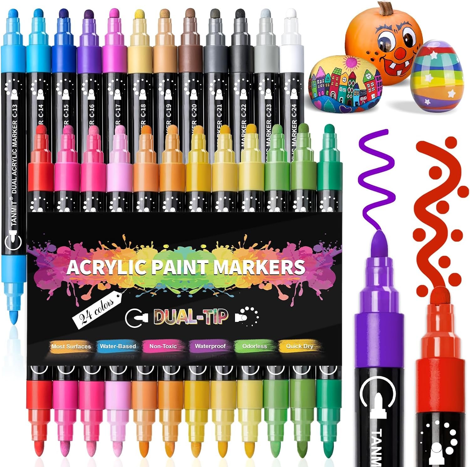 TANMIT 24 Colors Acrylic Paint Markers, Dual Tip Acrylic Paint Pens with Dot & Fine Tips For Fabric, Rock, Wood, Glass, Eggs, Scrapbook, DIY Crafts Making Art Supplies – Teacher Appreciation Gift