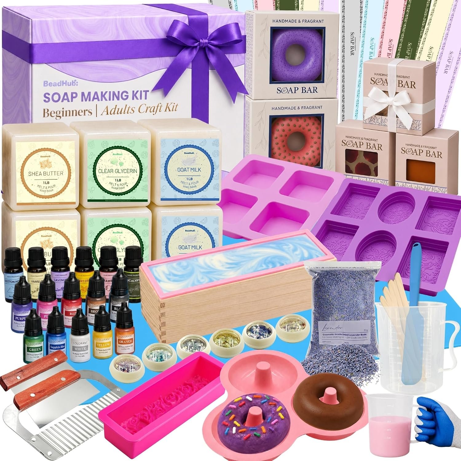 BeadHub Soap Making Kit for Adults Beginners | 6LBS Melt & Pour Soap Base – Shea Butter, Clear Glycerin & Goat Milk, All-in-one Deluxe Kit for Soaps with Fragrances, Colors, Making Tools & Supplies