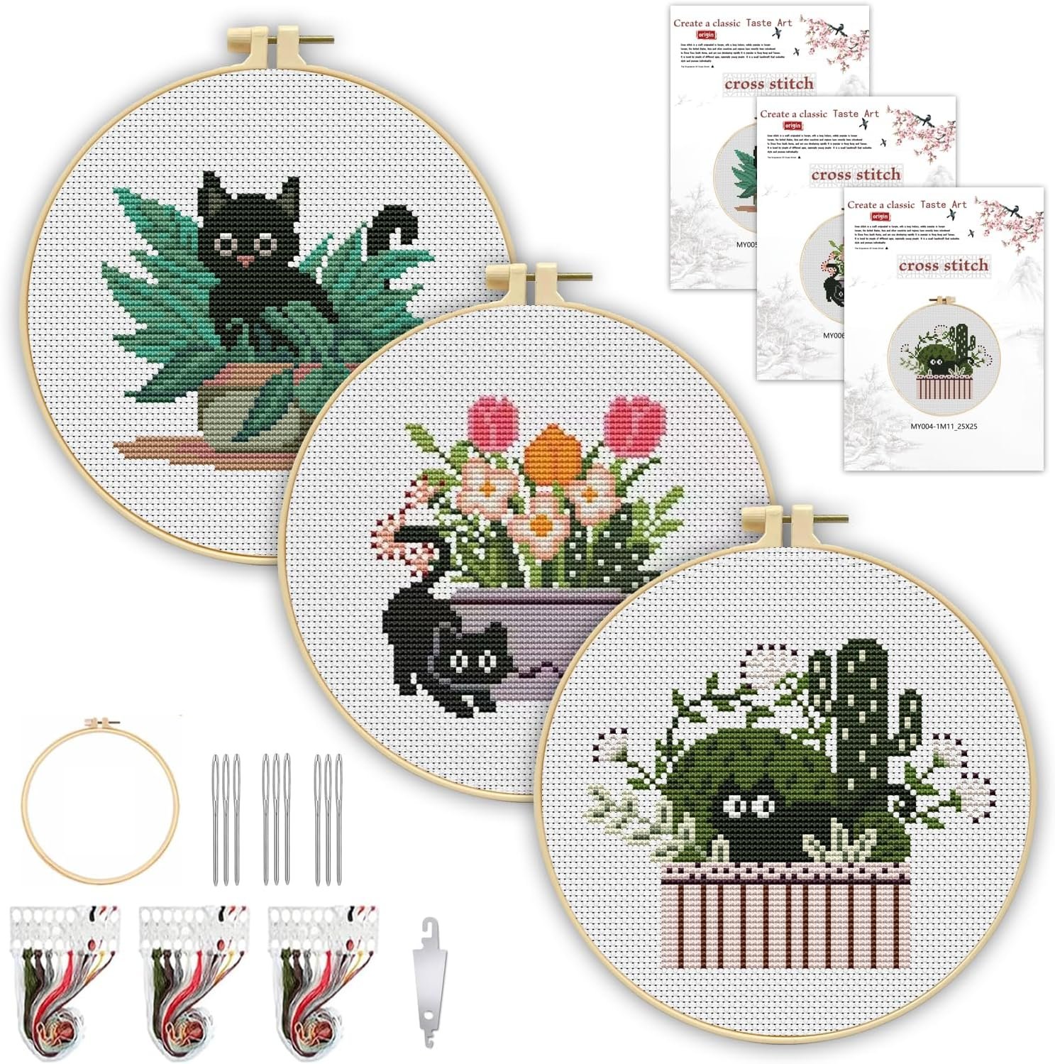 TCDZMYGS 3 Pack Stamped Cross Stitch Kits for Beginners-Plant Cat,with Hoop