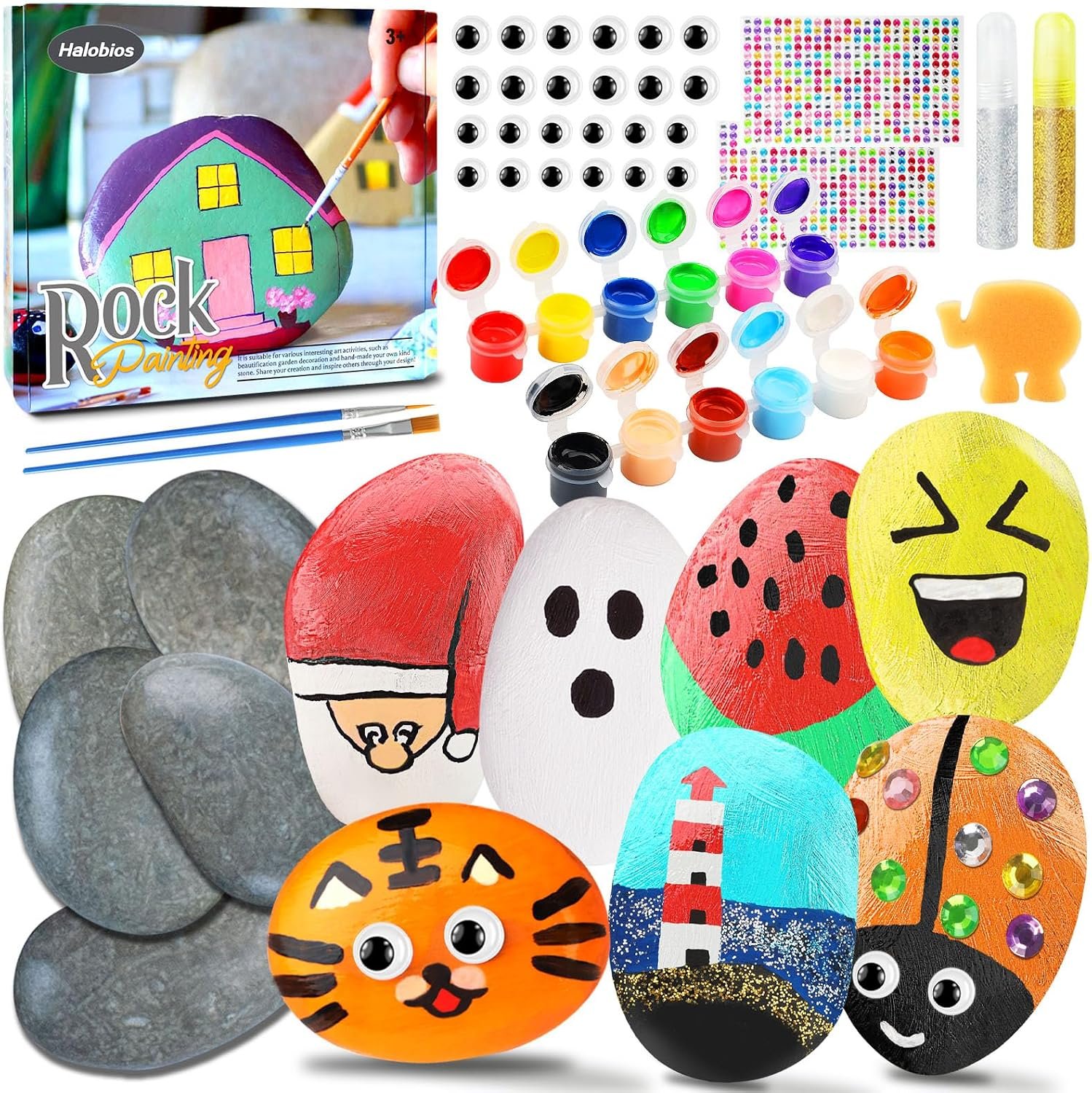 Halobios Rock Painting Kit, 12 Rocks for Painting, Arts and Crafts for Kids Ages 6-12, Rock Painting Kit for Adults, Art Supplies for Birthday Children’s Day Gifts