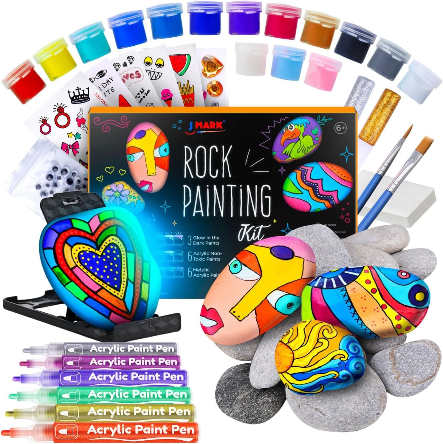 J MARK Premium Rock Painting Kit – Acrylic Paint Pens for Rock Painting, Glow in the Dark and More
