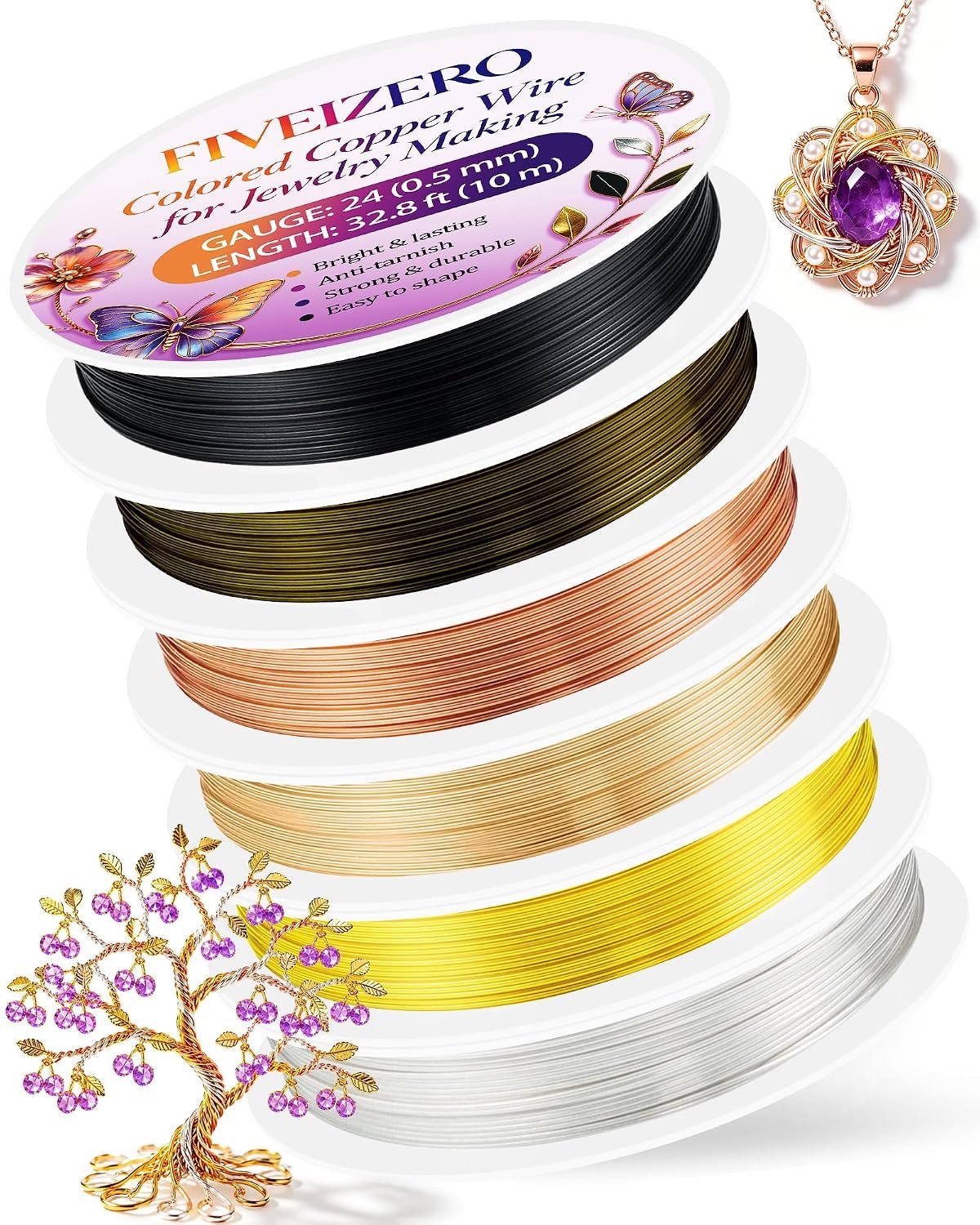 FIVEIZERO 6 Rolls 24 Gauge Colored Copper Wire for Jewelry Making, 197FT