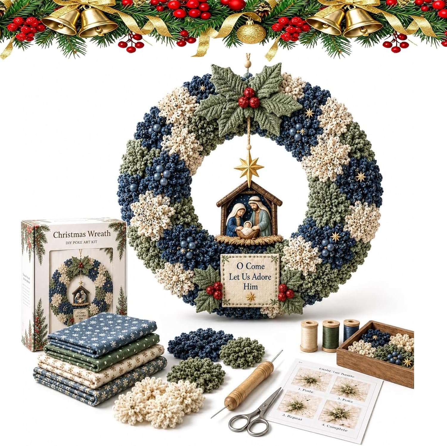 rpuw 3D Fabric Poke Wreath DIY Kit, Christmas Wreath Craft Kit for Adults Beginner-Friendly No-Sew Craft, 3D Texture, Relaxing Holiday Project, Handmade Door Decor (Color B)