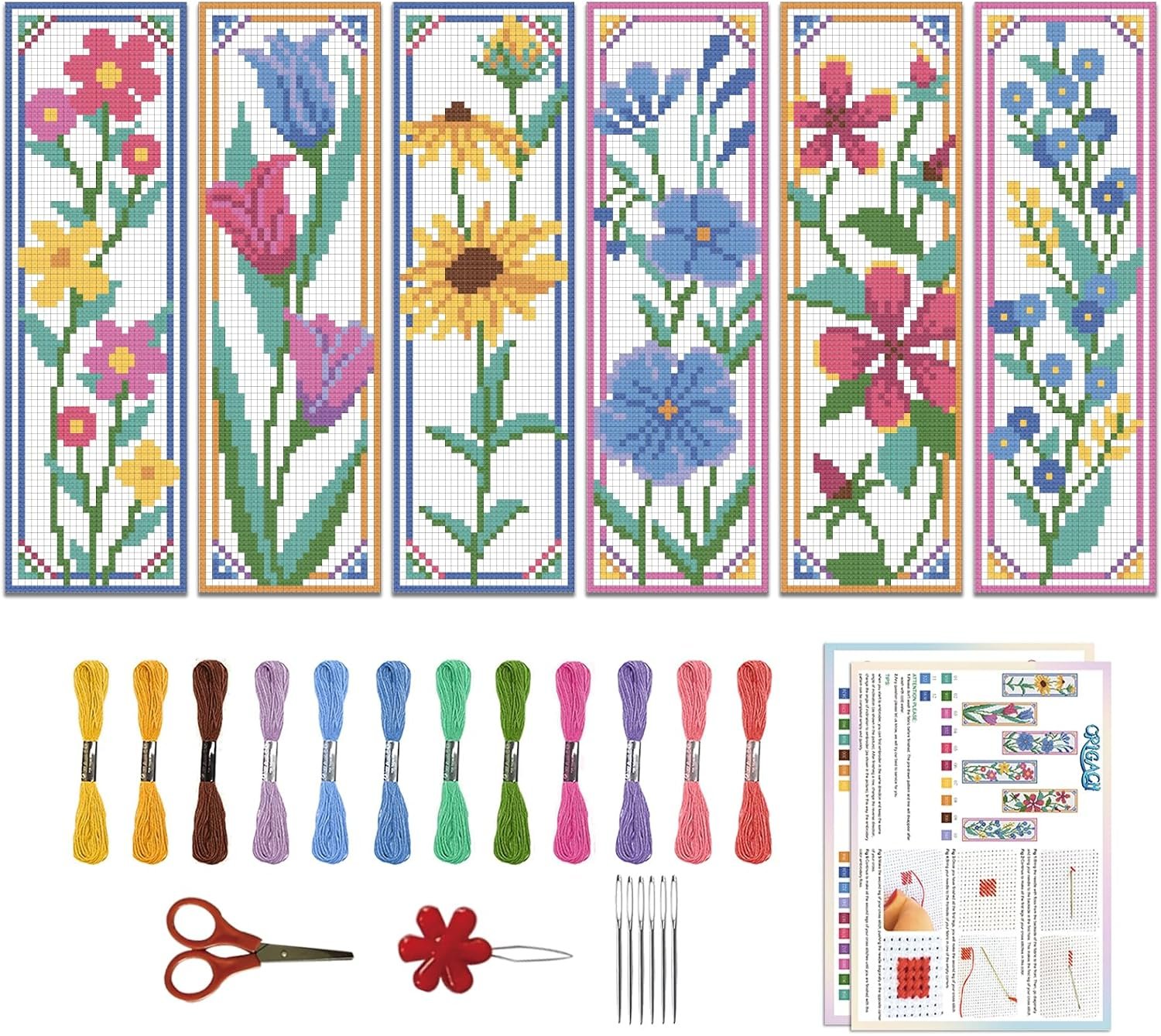 ORIGACH 6 Set Wildflower Floral Cross Stitch Bookmark Kit for Beginner