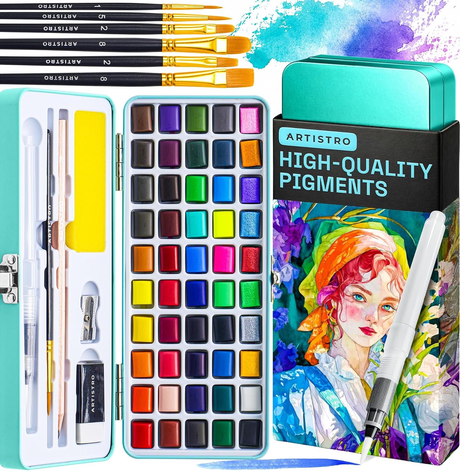 ARTISTRO Watercolor Paint Set with Palette & Brush Pens – 50 Colors