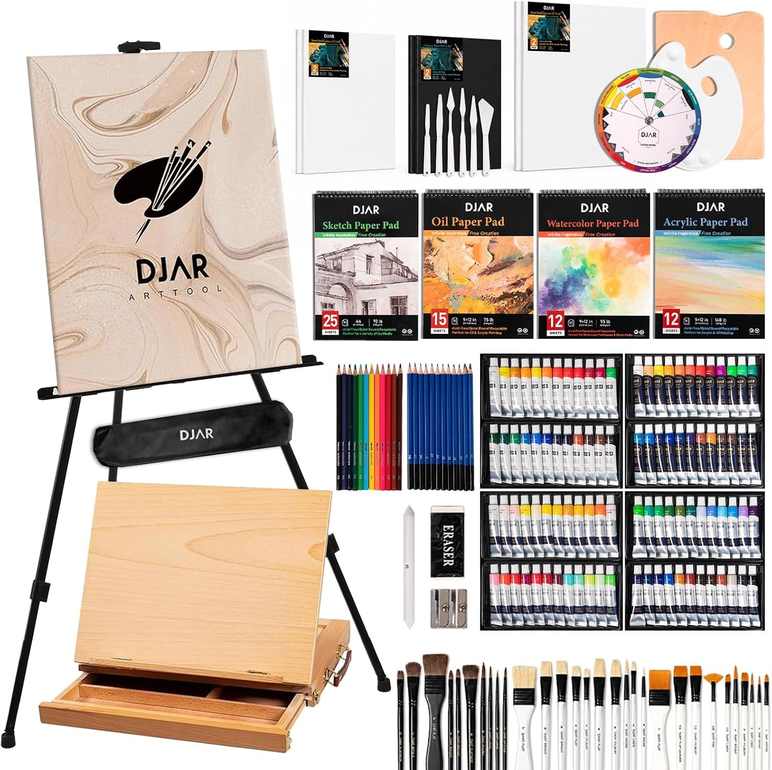 DJAR 174 Pcs All-in-One Art Painting Set with Beech Wood Easel