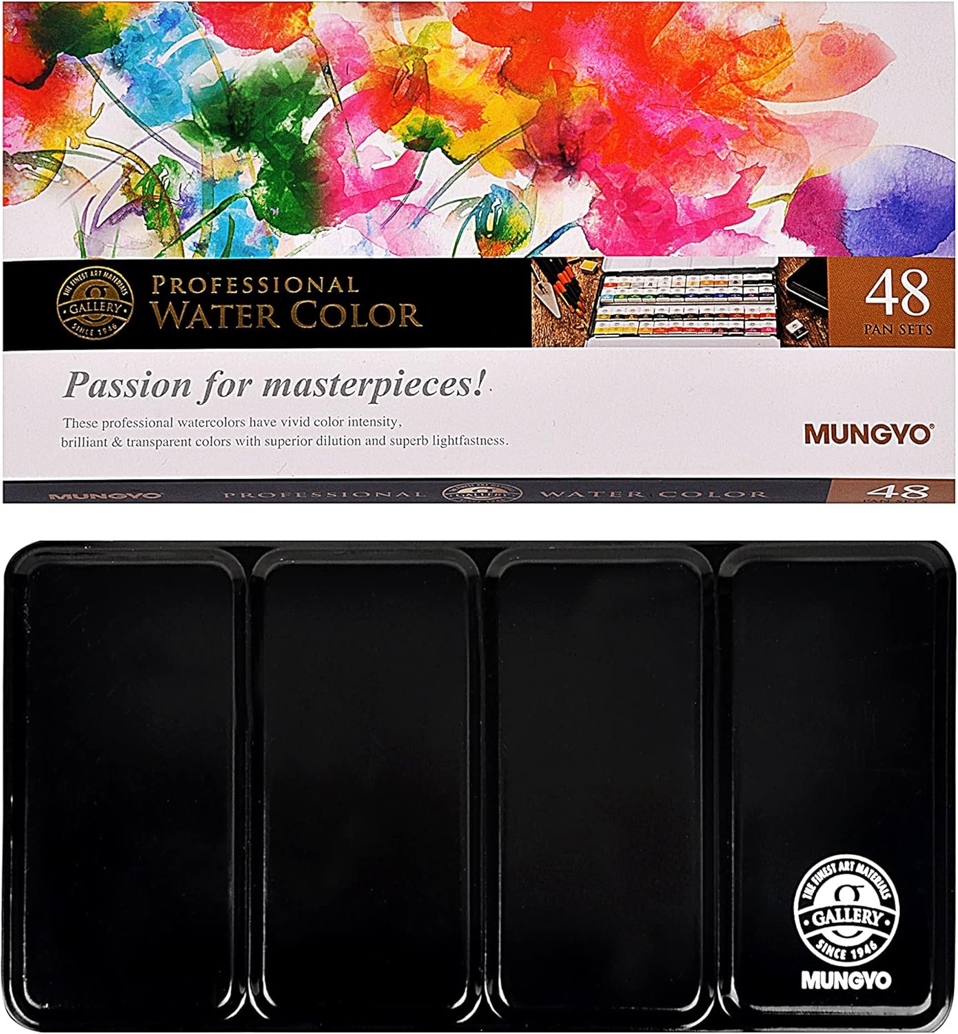 Mungyo Professional Half Pan Size Water Colors Set in Tin Case/Integral Mixing Palette in The lid (48 Colors)