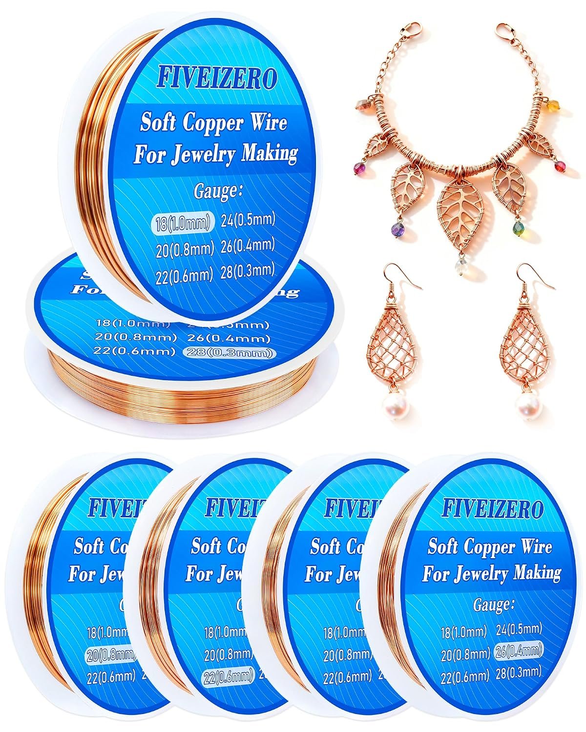 FIVEIZERO 6 Rolls 6 Size Jewelry Making Copper Wire Kit – 18/20/22/24/26/28 Gauge Pure Dead Soft Bare Copper Wire for Electroculture Gardening, Crafting, Beading, Sculpting
