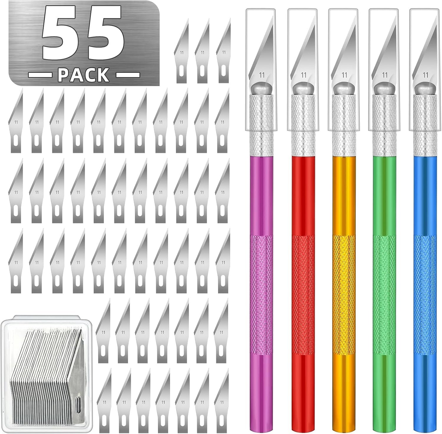 55 Pack Exacto Knife, Hobby Knife Set with 5 Craft Knives and 50 Precision Knife Blades(#11) for Art,Scrapbooking,Carving, DIY, Cutting, Stenciling by EGYPAMID