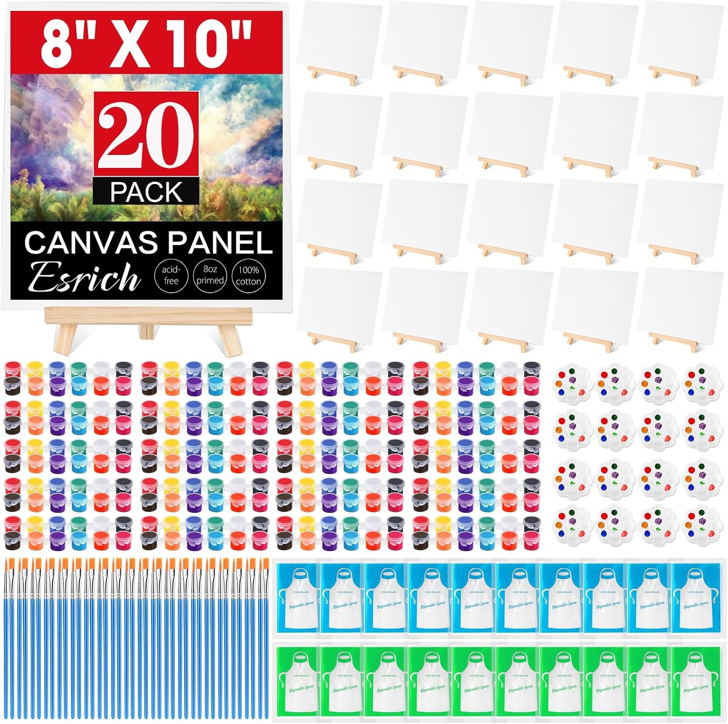 ESRICH 20 Pack 8×10 Canvas and Easel Set, Mini Acrylic Paint, Paint Brushes, Palettes, Aprons, Sip and Paint Kits for Adults Couples Friends Date Night Painting Party Supplies