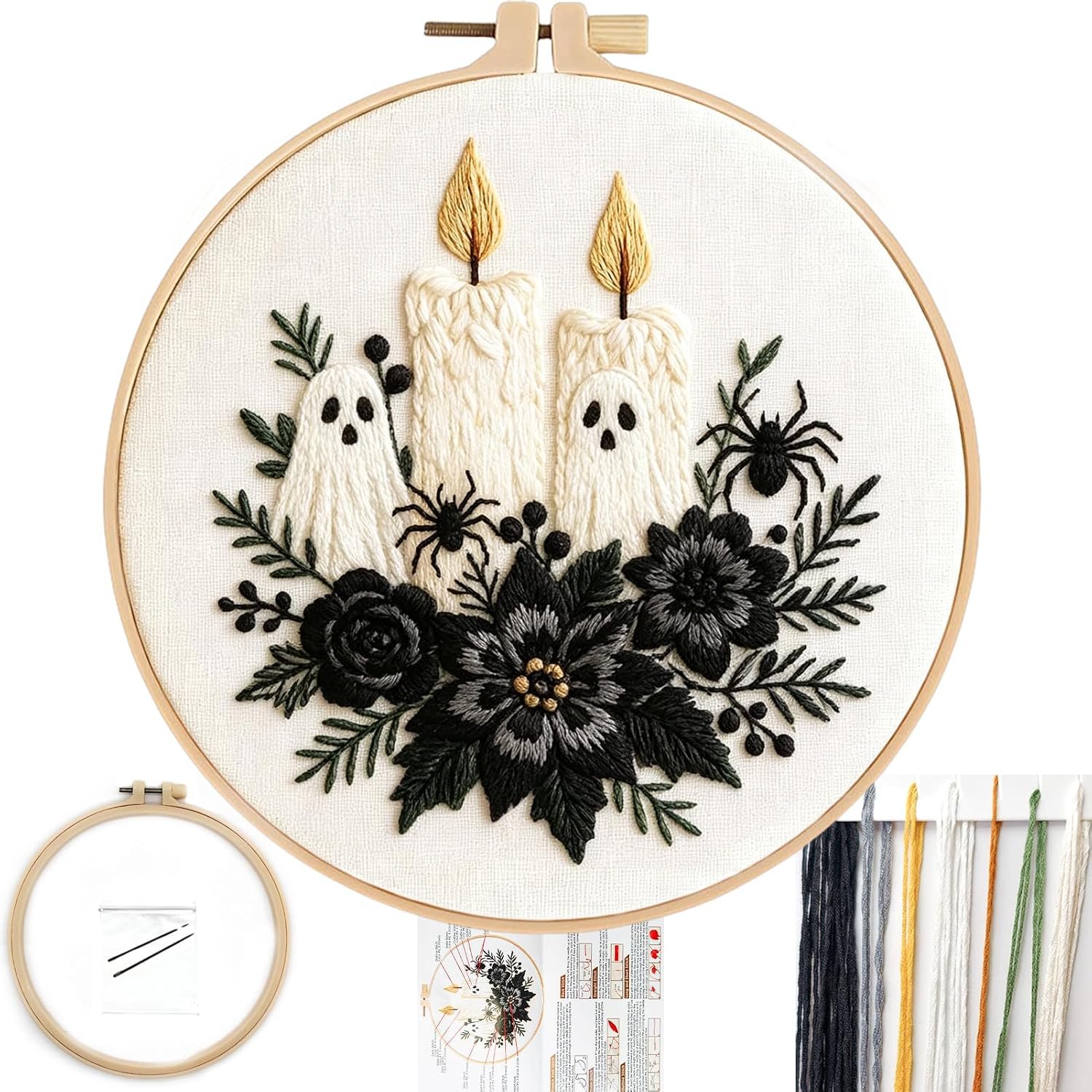 FONNUY Halloween Embroidery Kits for Beginners,Skull Pumpkin Spider Web Floral Stamped Cross Stitch Kit for Adults, Spooky Season Boho Wall Decor, 8” Hoop (Candles)