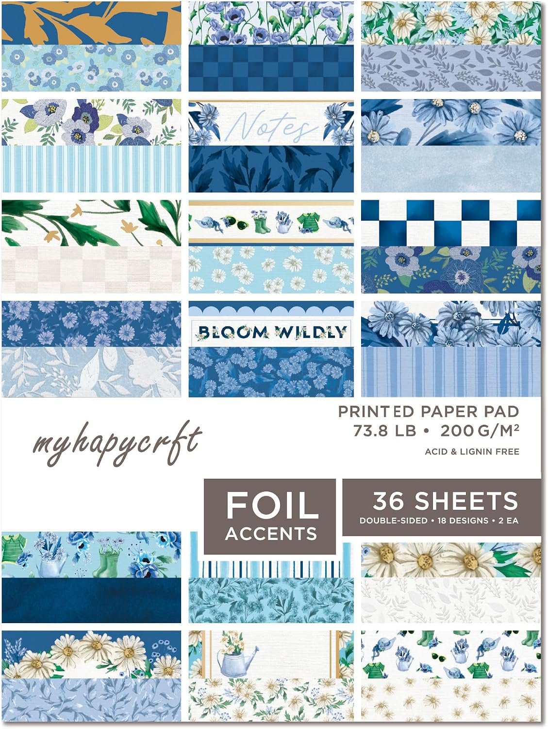 Scrapbook Paper Pad, 36 Sheets Double-Sided Design Paper with Foil Accents, 200GSM Decorative Cardstock for Card Making, Scrapbooking, Junk Journaling, 6″ x 8″ Blue Floral