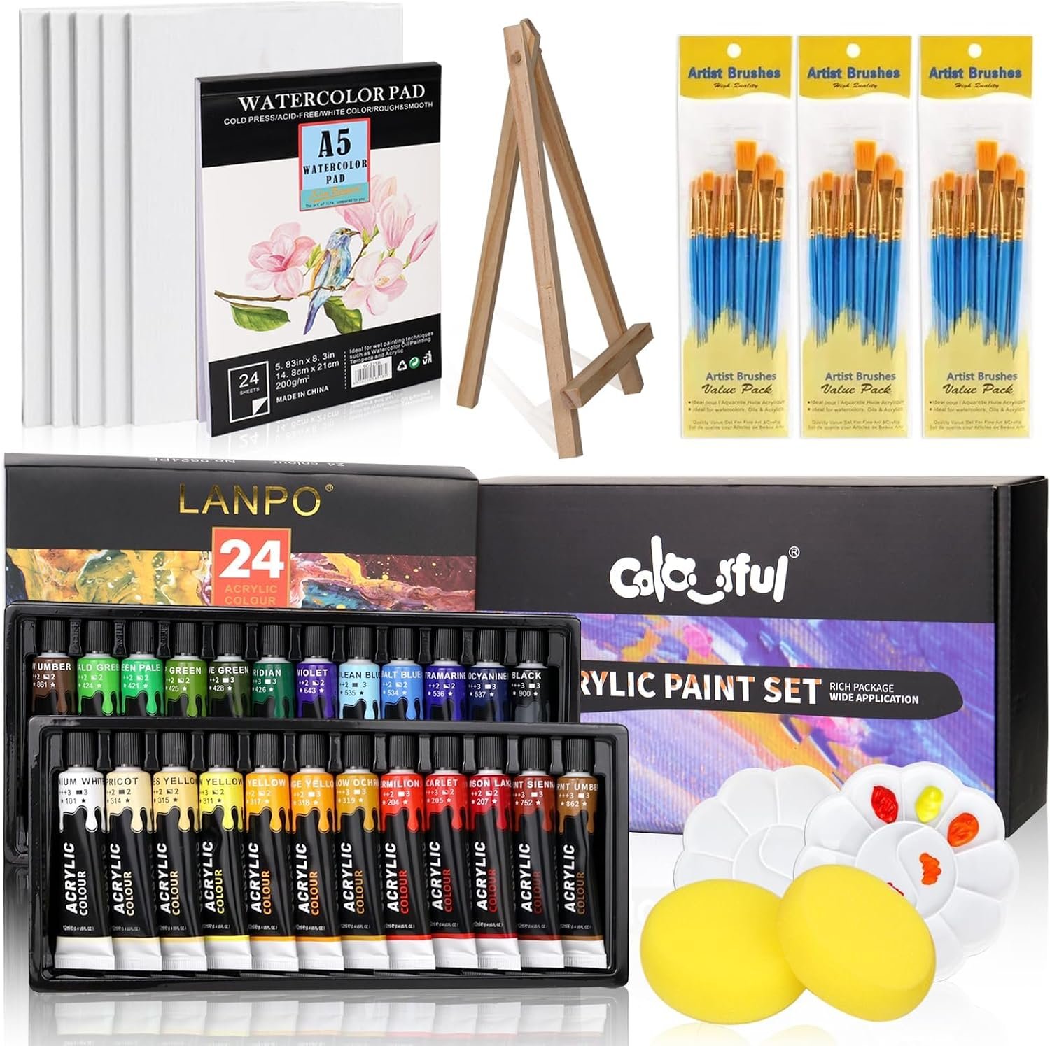Colorful Acrylic Painting Kit, 24 Colors Paint Set with Brushes & Easel