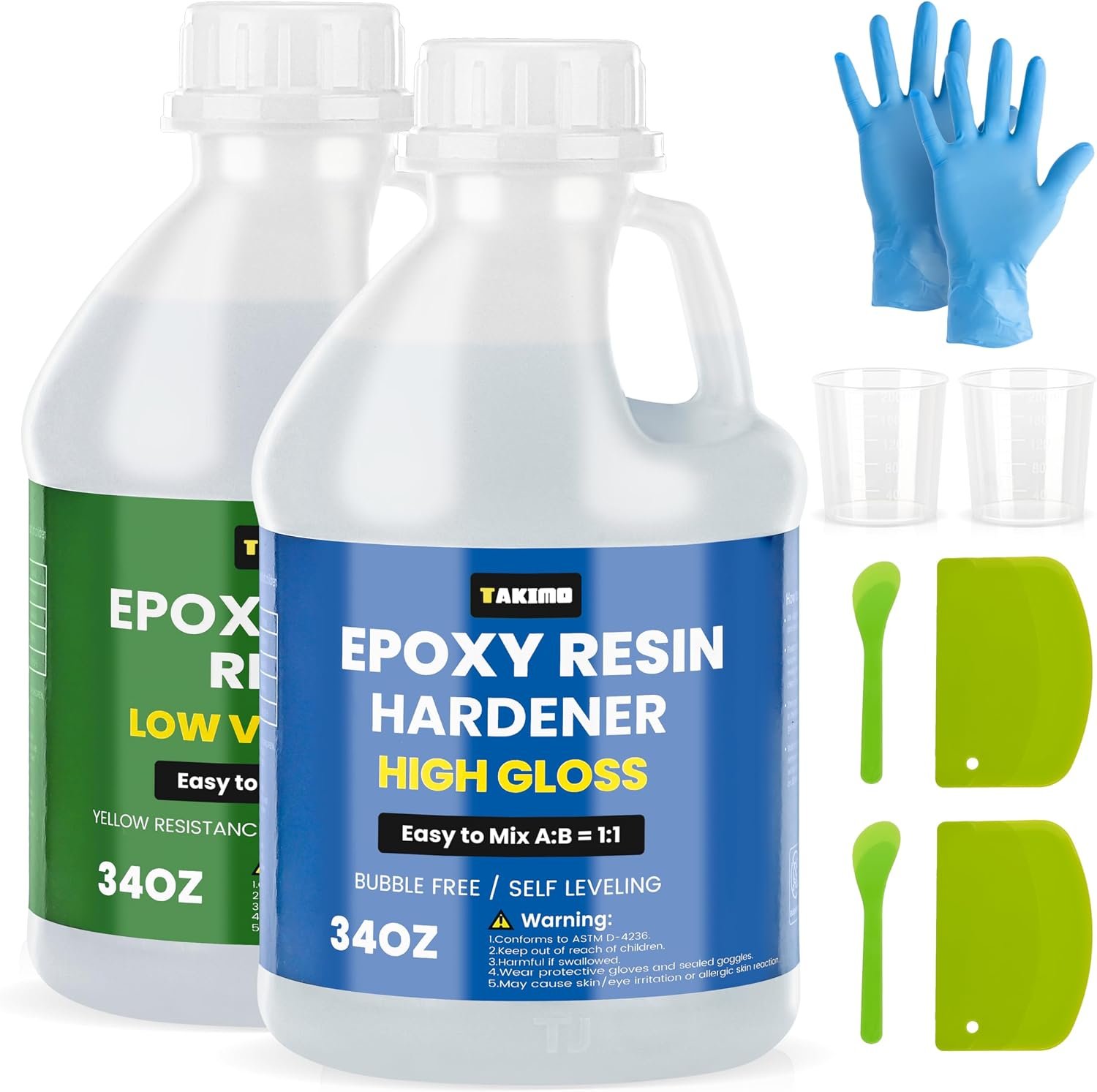 TAKIMO 68OZ Crystal Clear Epoxy Resin Kit, 1:1 Self-Leveling, Bubble Free
