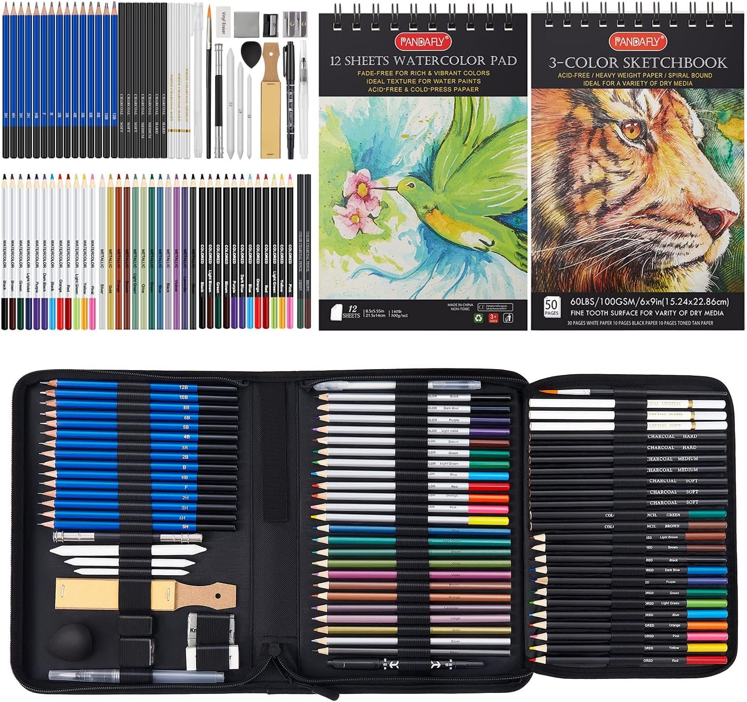 PANDAFLY 80 Drawing Set Sketching Kit, Art Supplies with 3-Color Sketchbook