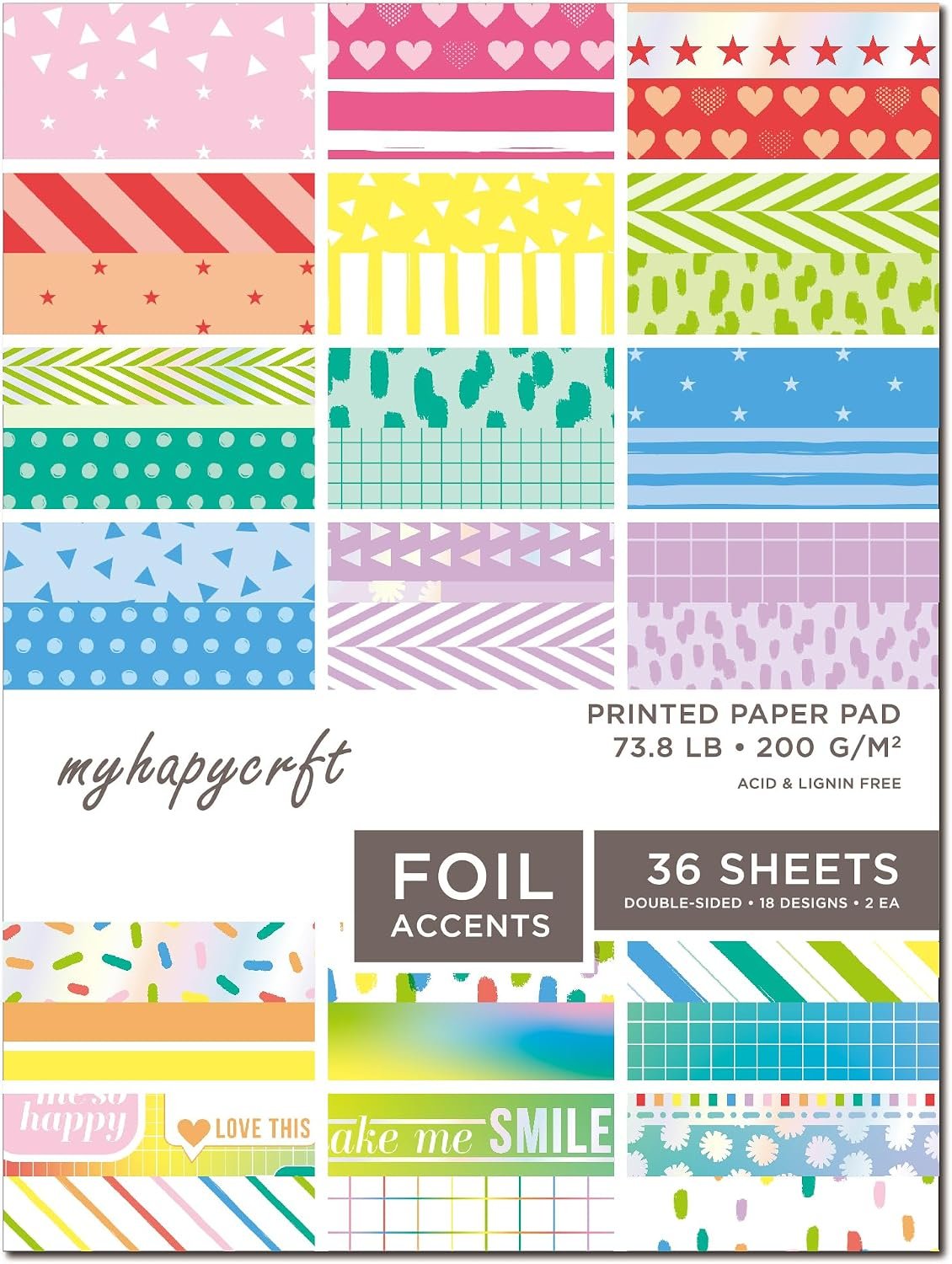 Scrapbook Paper Pad, 36 Sheets Double-Sided Design Paper with Foil Accents, 200GSM Decorative Cardstock for Card Making, Scrapbooking, Junk Journaling, 6″ x 8″ Heart Rainbow