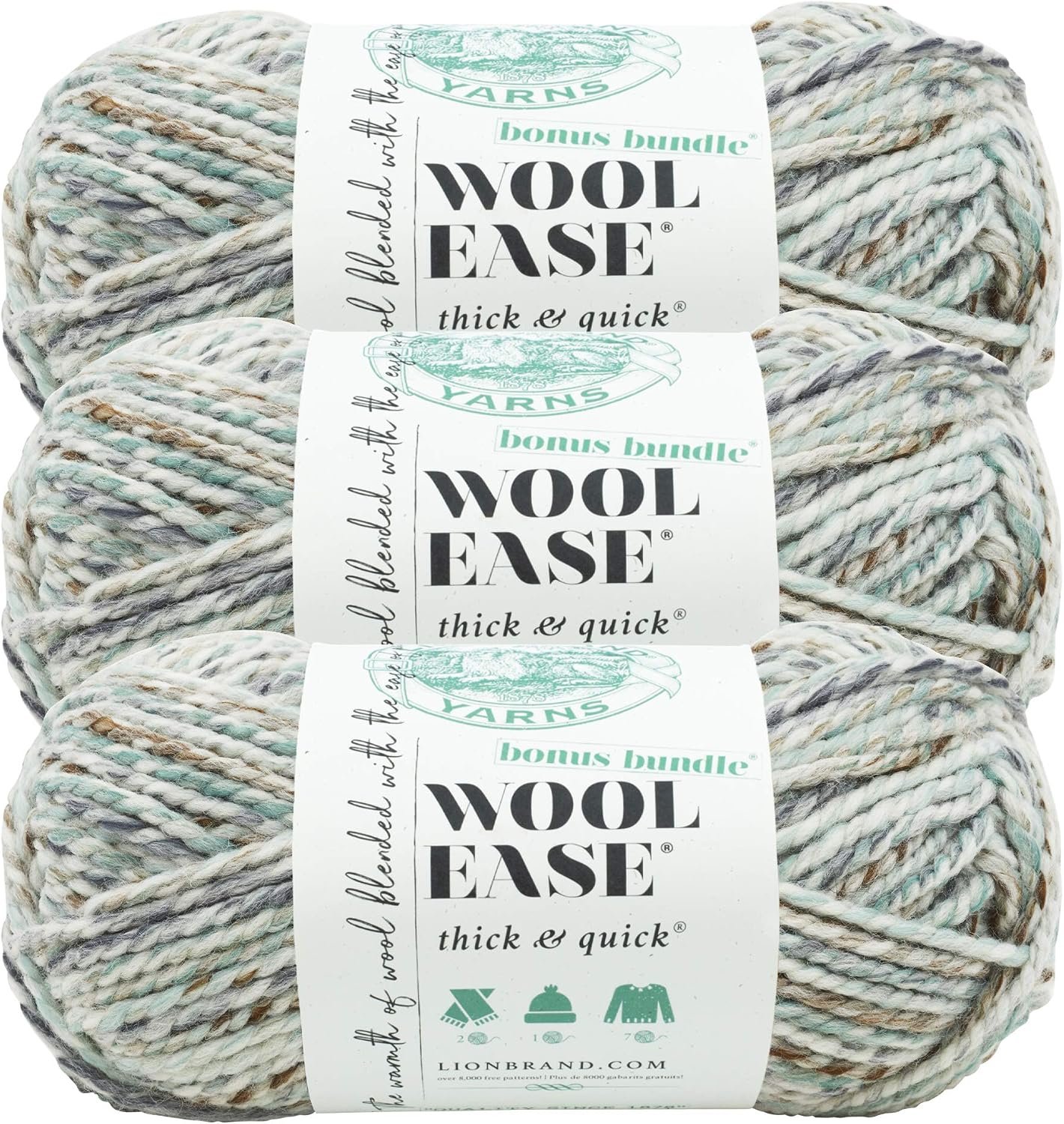 (3 Pack) Lion Brand Yarn Wool-Ease Thick & Quick Bonus Bundle Bulky Yarn, Seaglass