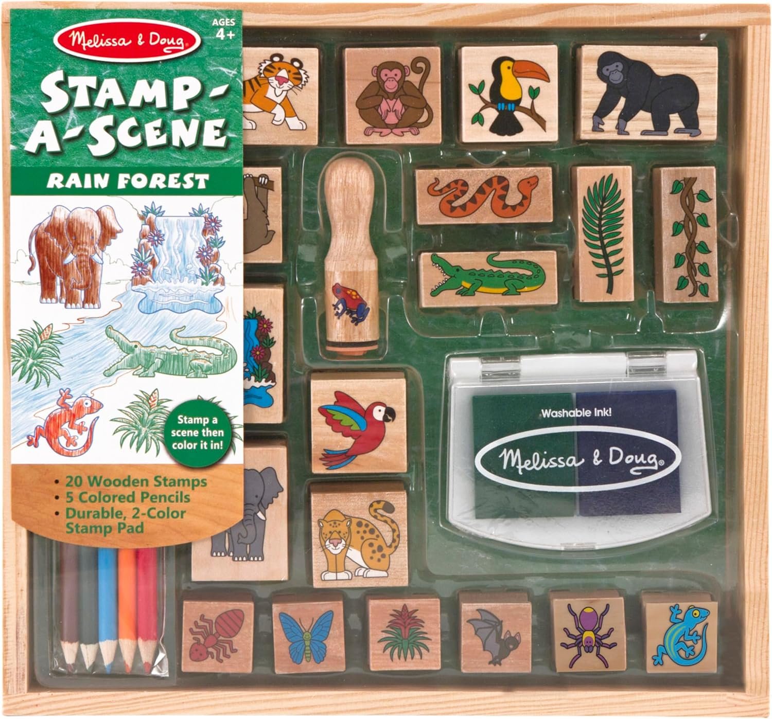 Melissa & Doug Stamp-a-Scene Stamp Set: Rain Forest – 20 Wooden Stamps, 5 Colored Pencils, and 2-Color Stamp Pad