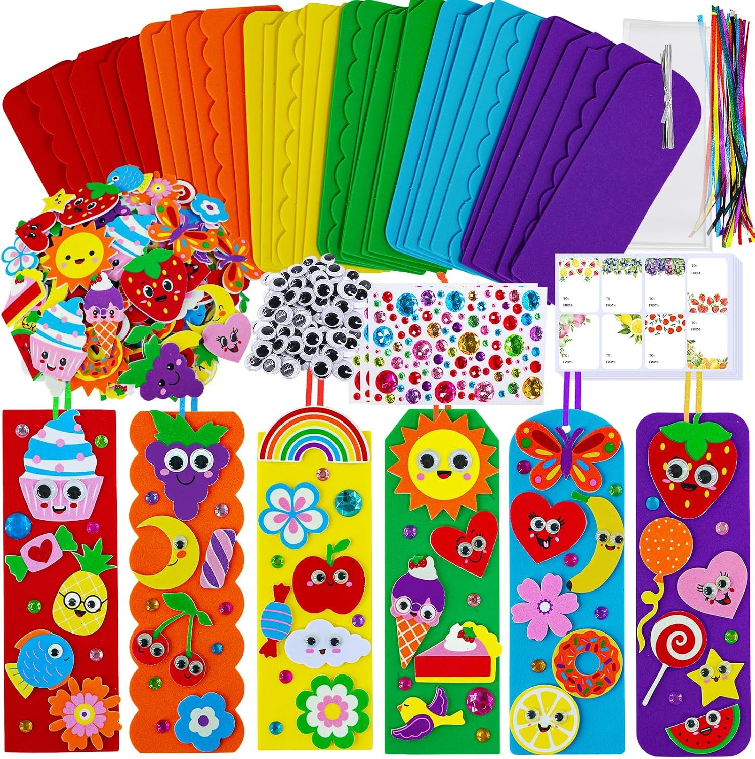 Winlyn 36 Sets Summer Crafts Kits DIY Whimsical Bookmarks Decorations Art Sets Fruits Treats Animals Sun Rainbow Foam Stickers for Kids Classroom Activities Reading Rewards Birthday Camp Party Favors