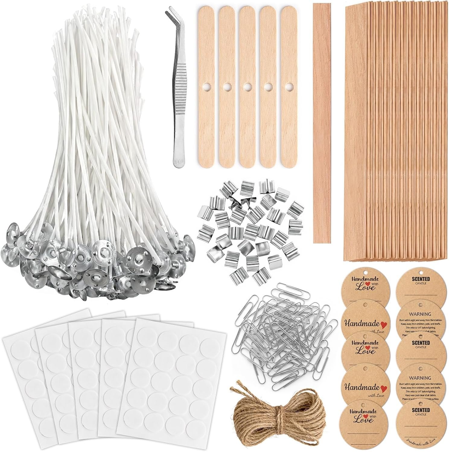 Candle Wicks for Candle Making Kit Supplies, 130 Pcs with 100 Cotton & 30 Crackling Wood Wicks for Soy Beeswax Candles, Holders & Stickers, Handmade Gifts Set (6 inch)