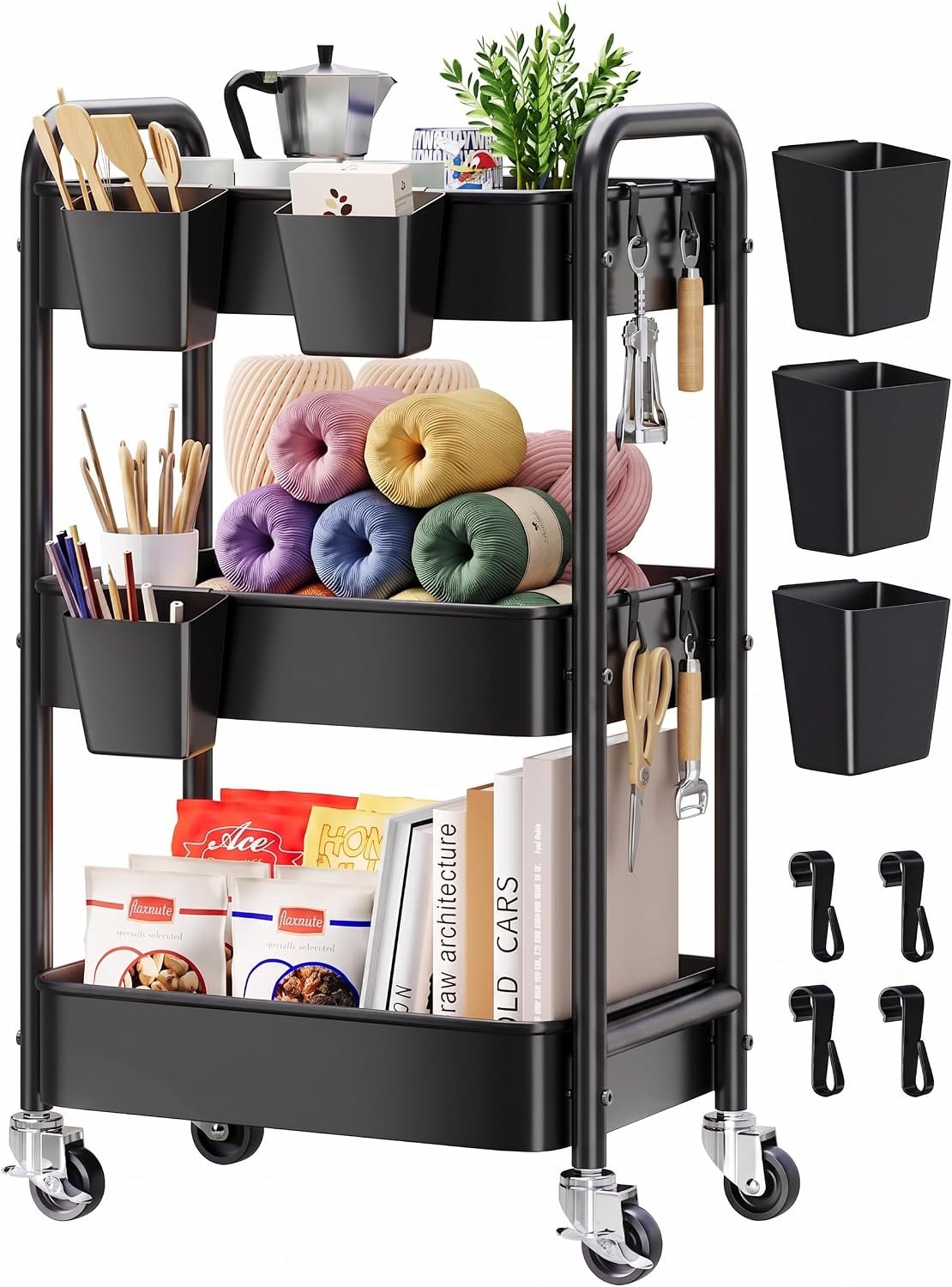 3 Tier Rolling Cart Metal with Wheels,Black Three Tiered Dorm Storage Carts