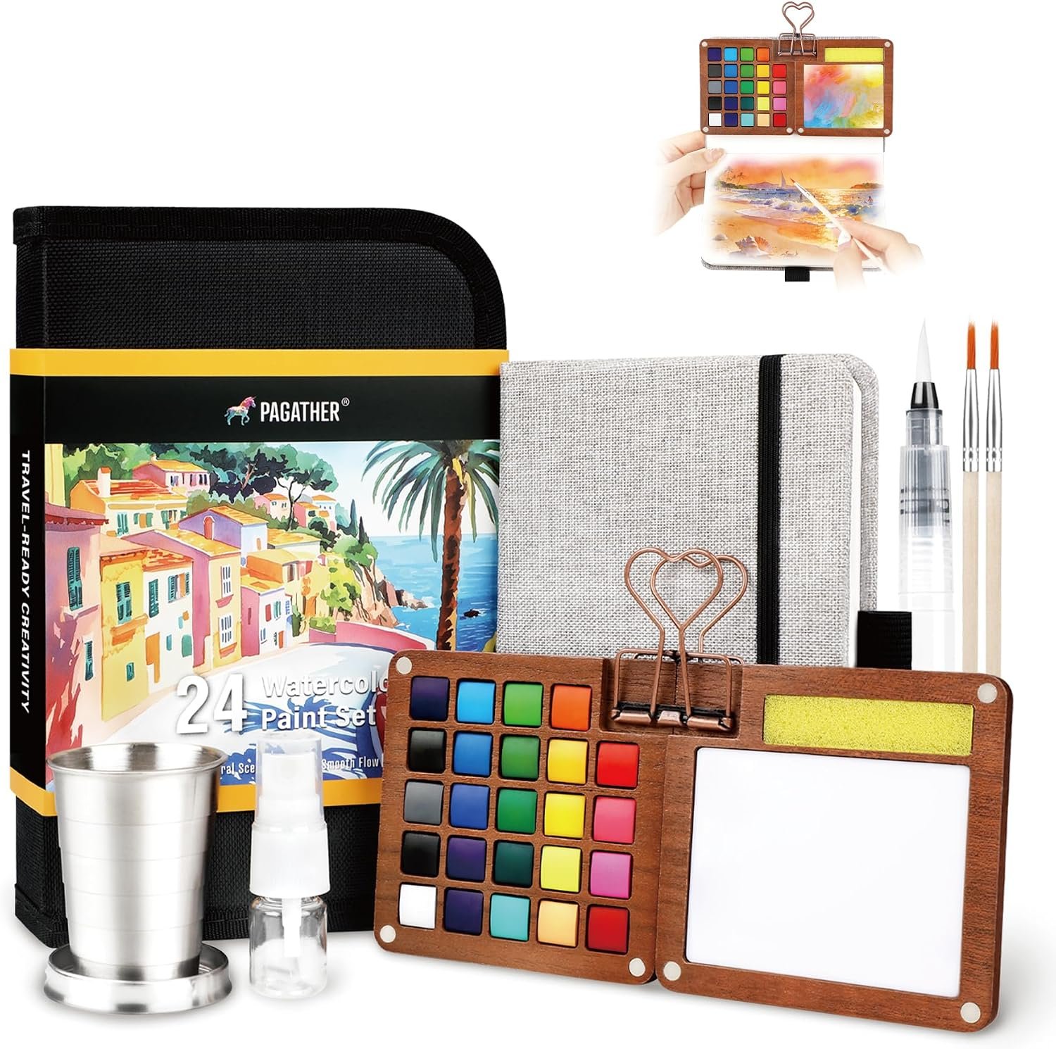 Pagather Travel Watercolor Paint Set, 24 Colors Mini Portable Pocket Kit