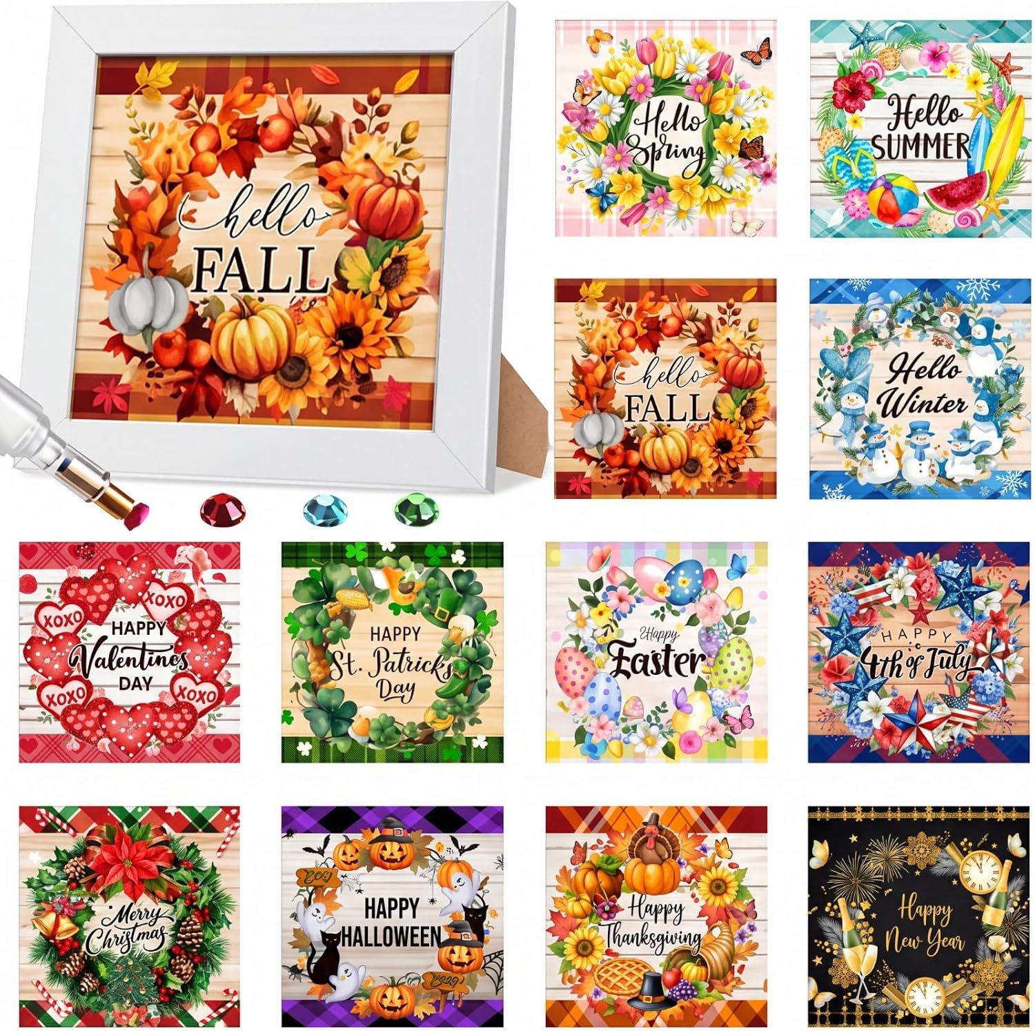 Trandraft 13 Pcs Fall Wreath Holiday Small Diamond Art Kits for Adults DIY