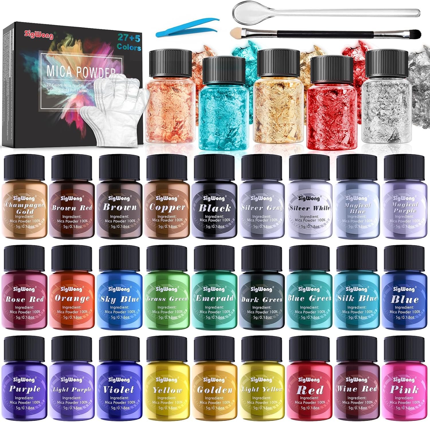 Mica Powder – 32 Pearlescent Epoxy Resin Color Pigments Set- Natural Cosmetic Grade Pigment for Soap Dye, Lip Gloss, Nail Polish, Makeup, Epoxy Resin, Candle Making, Bath Bombs, Slime, 5g/0.18oz