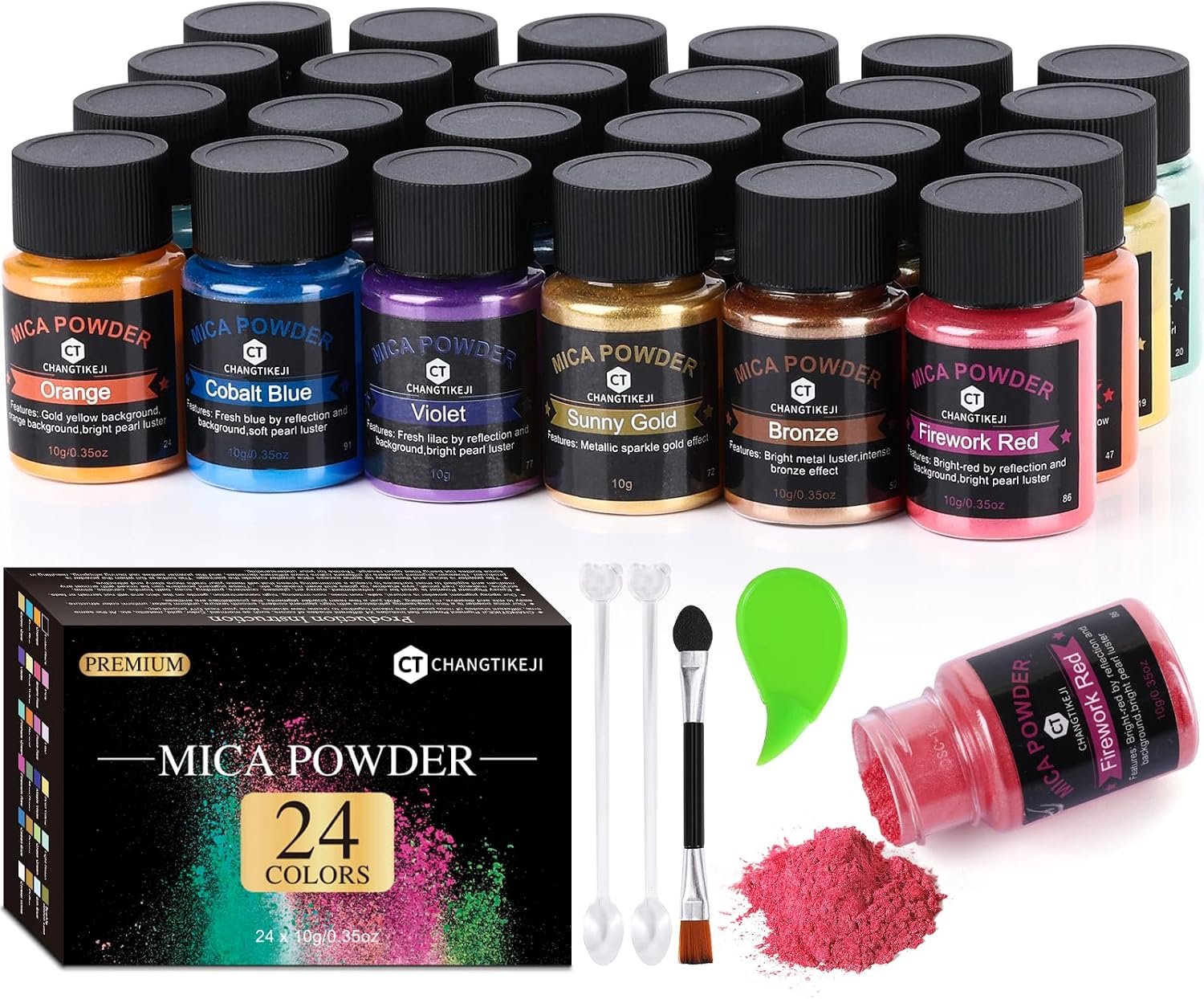 CHANGTIKEJI Mica Powder，24 Colors – 10g/Bottle of Natural Pigment Powder for Epoxy Resin，Soap Making，Candle Making,Lip Gloss,Car Freshies,Dye,Nail Polish,Bath Bombs