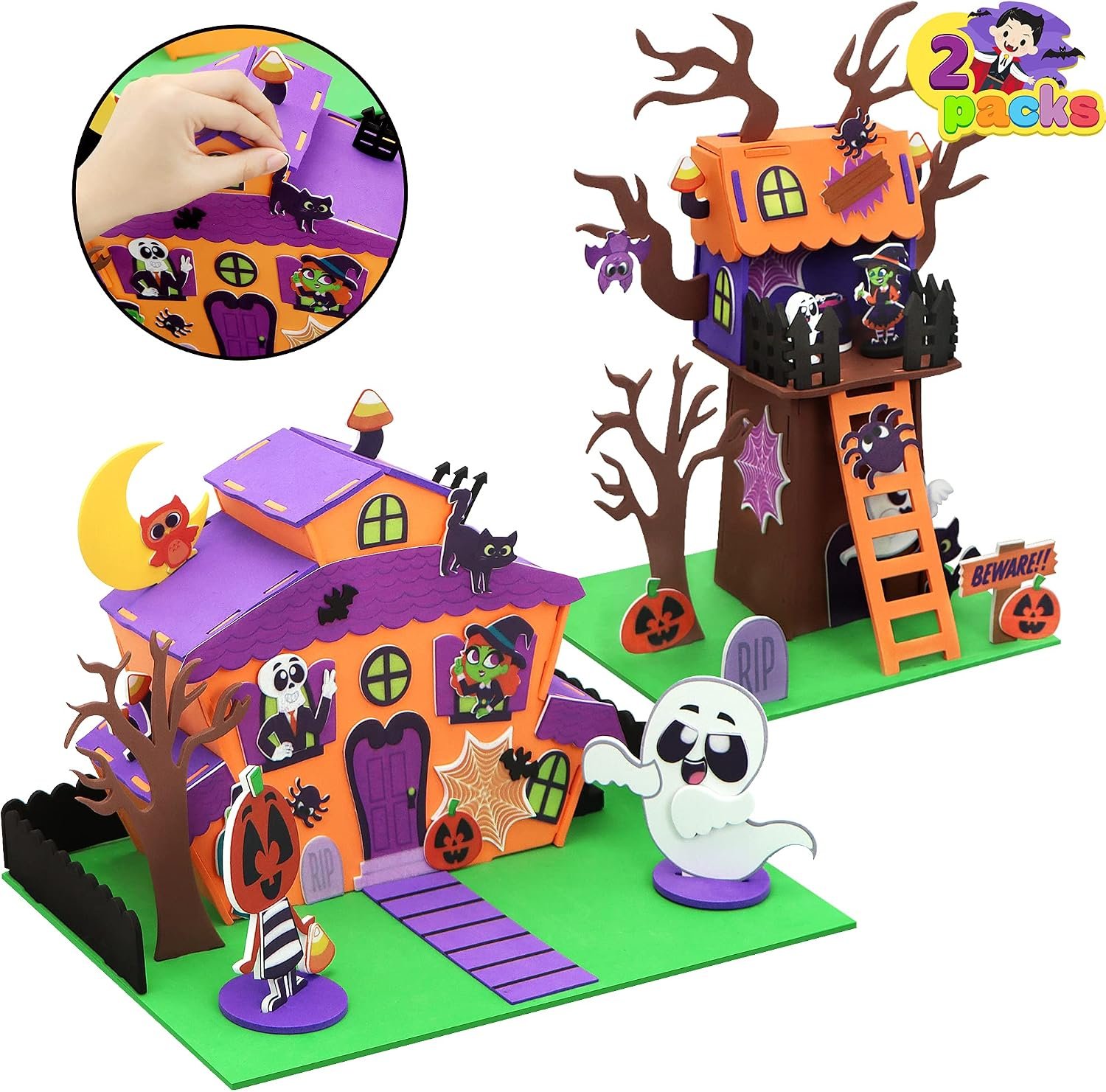 JOYIN 2 Pack Halloween Foam Craft Kit, Party Favors for Kids, 3D Tree House and Pumpkin Haunted House, Halloween Art and Craft DIY Kits, School Activities Game Party Decoration