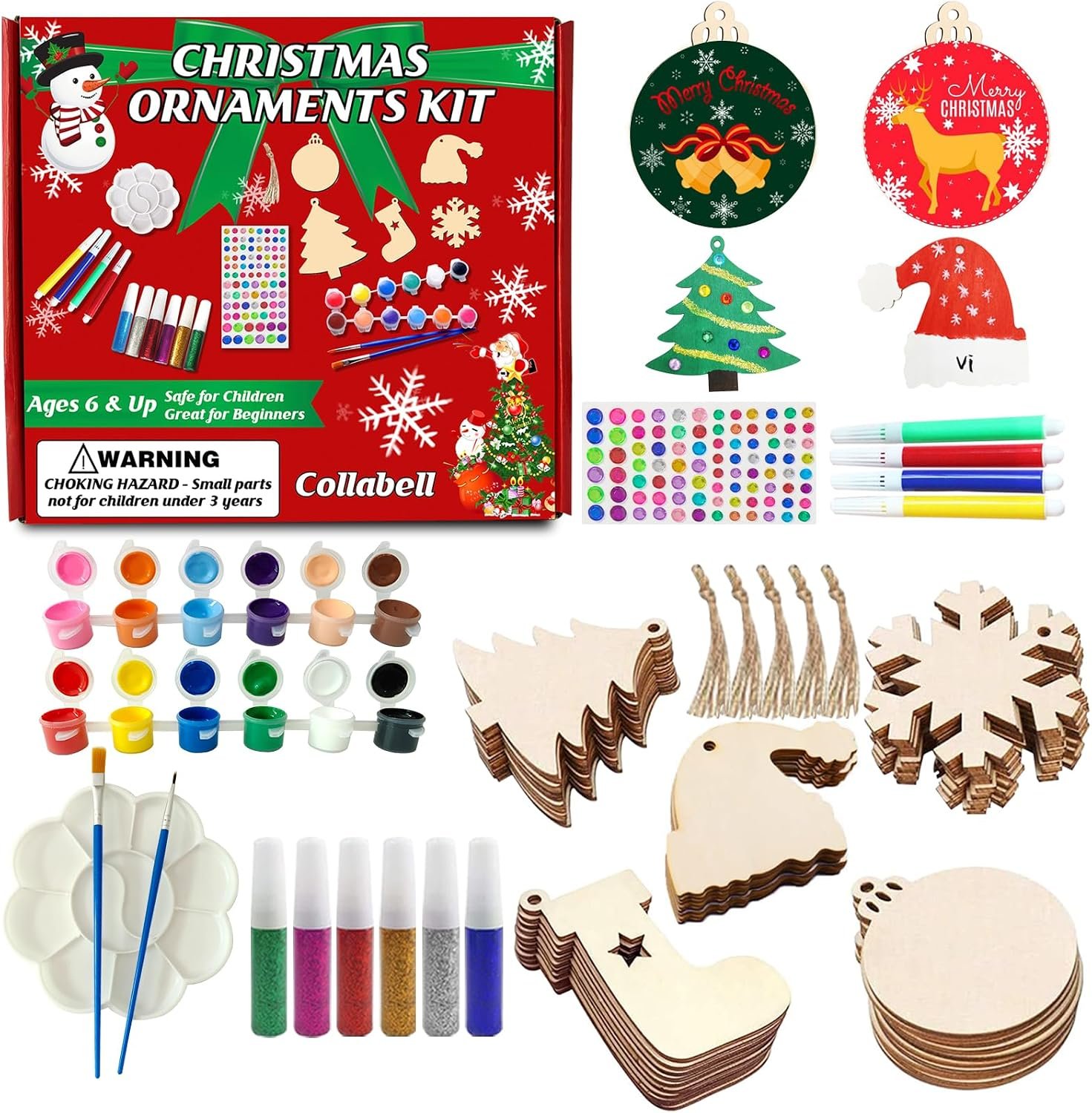 Collabell Christmas Wooden Painting Craft Kit, Paint Your Own Xmas Ornaments, Unfinished Wood Slices Christmas Crafts for Kids Adults, Art and Craft Supplies for Christmas Tree Hanging Decorations