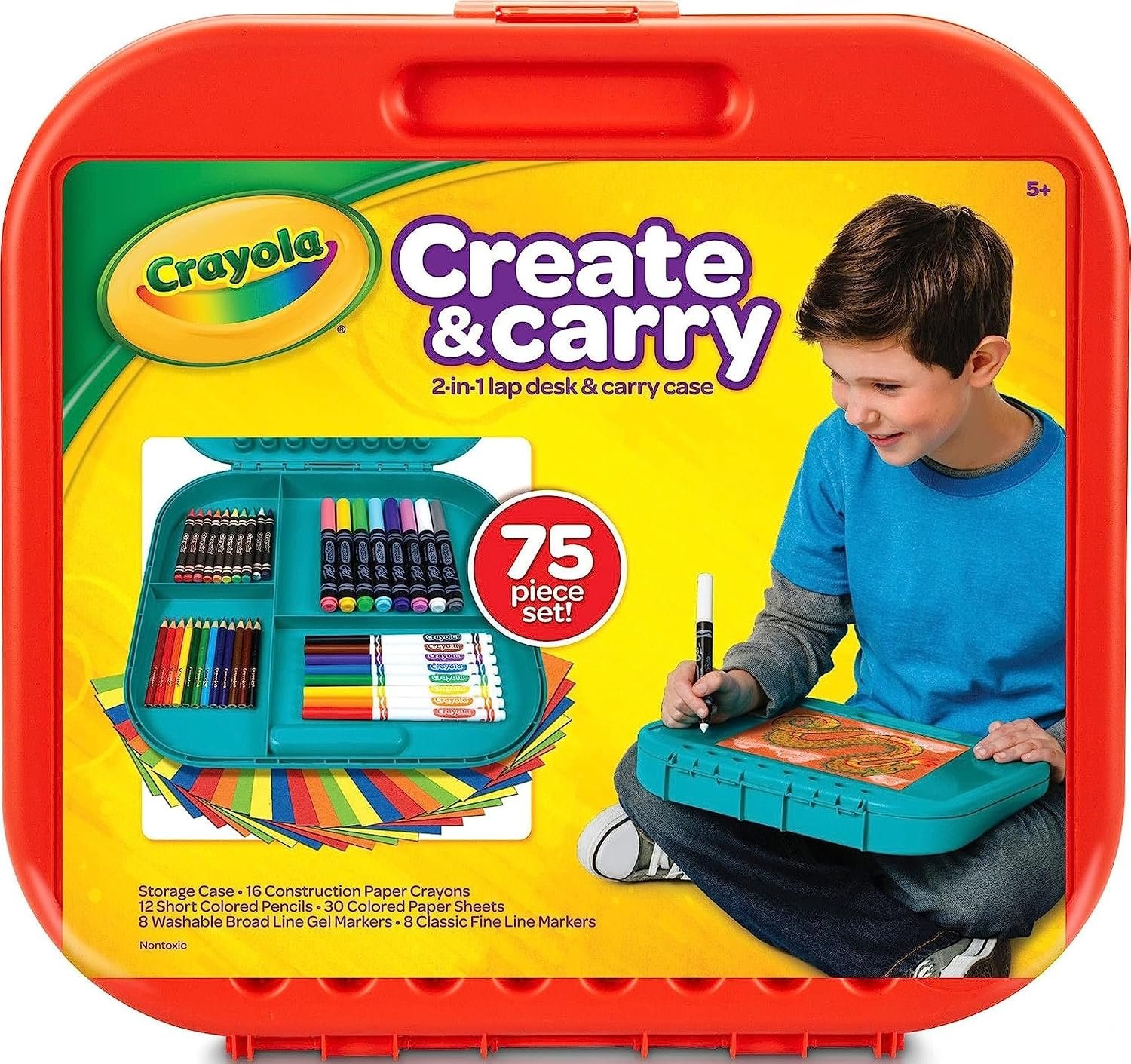 Crayola Create ‘N Carry Travel Art Set for Kids (75pcs), 2-in-1 Lap Desk & Carrying Case, Essential Art Supplies Kit, Spring Crafting, Gift for Kids