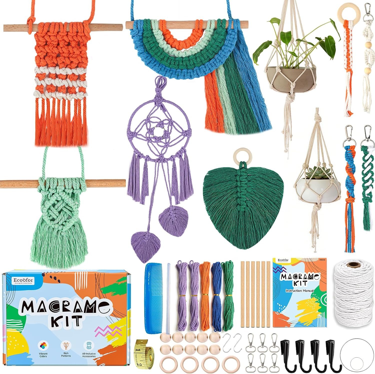 Ecoofor Macrame Kits for Beginners with 366 Feet 3 mm Macrame Cotton Cord, DIY Plant Hanger Kit with Supplies and Instructions, Macrame Beads, Wooden Rings, Dream Catcher Rings