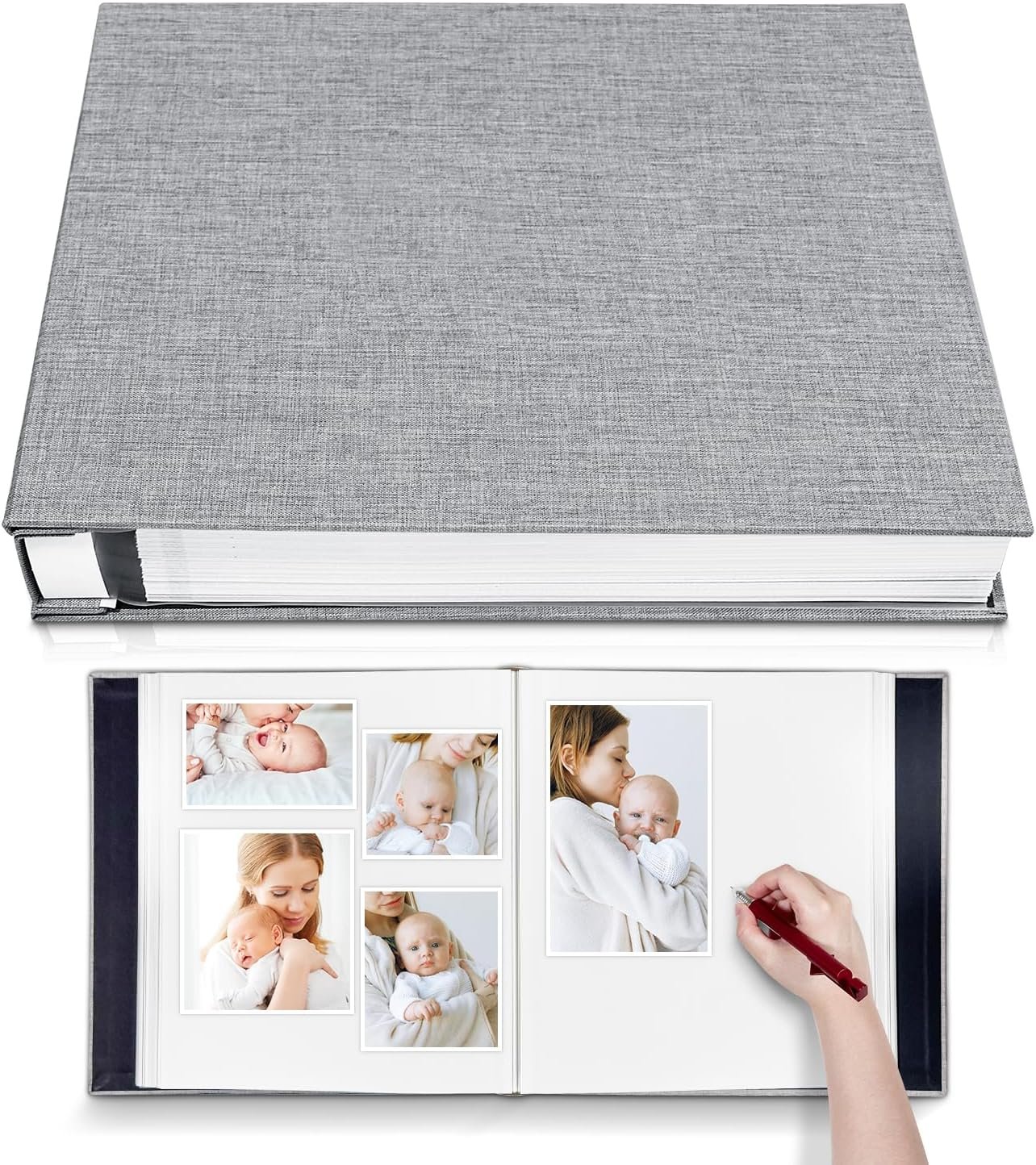 Large Photo Album Self Adhesive for 4×6 5×7 8×10 Pictures Magnetic Scrapbook Album 20 Sheets / 40 Pages Linen Cover DIY Photo Album with A Metallic Pen and and Plastic Board(Grey)