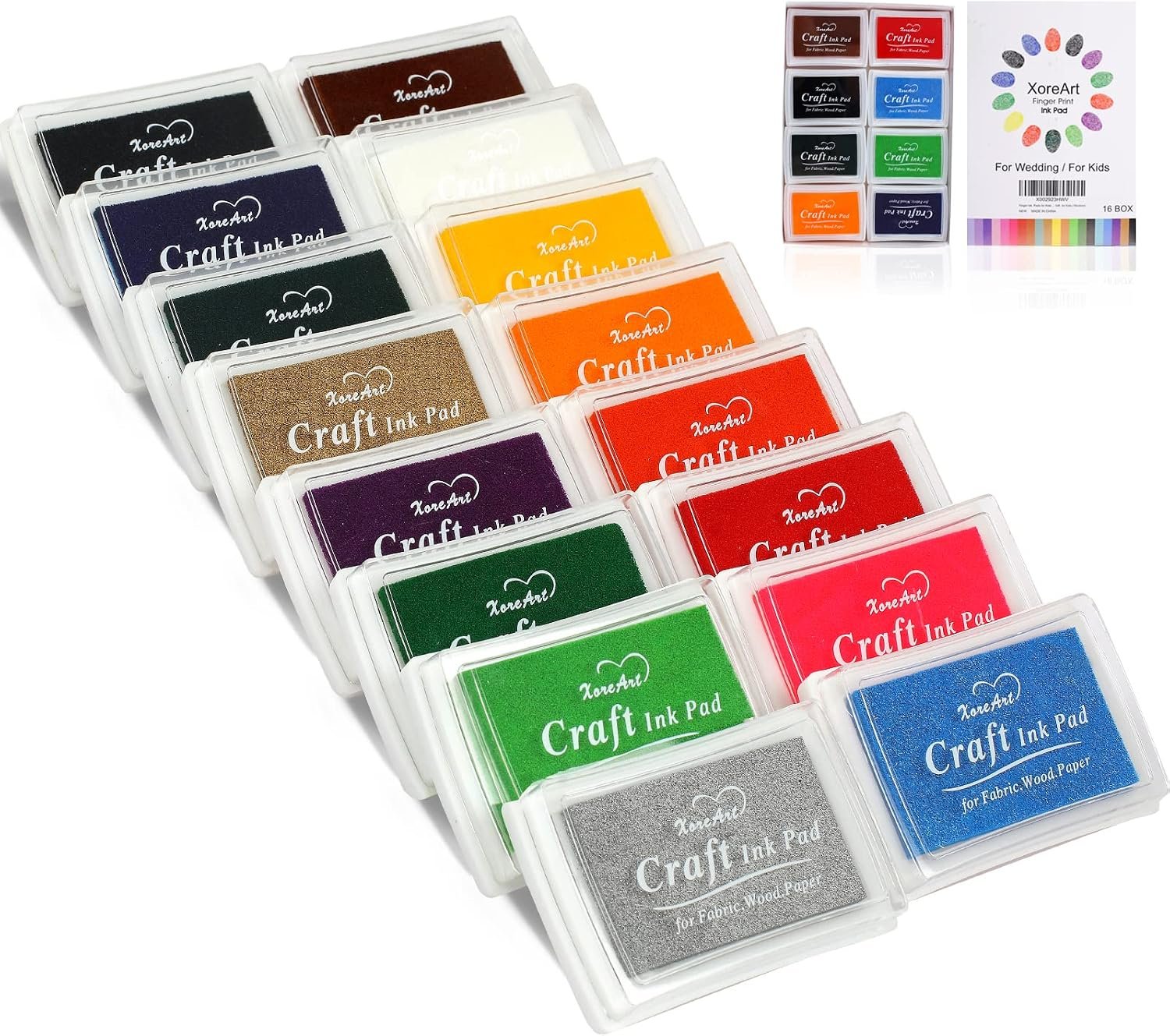 XoreArt Finger Ink Pads for Kids Washable Craft Ink Stamp Pads, 16 Color DIY for Rubber Stamps, Paper, Scrapbooking, Wood Fabric, Best Gift for Kids