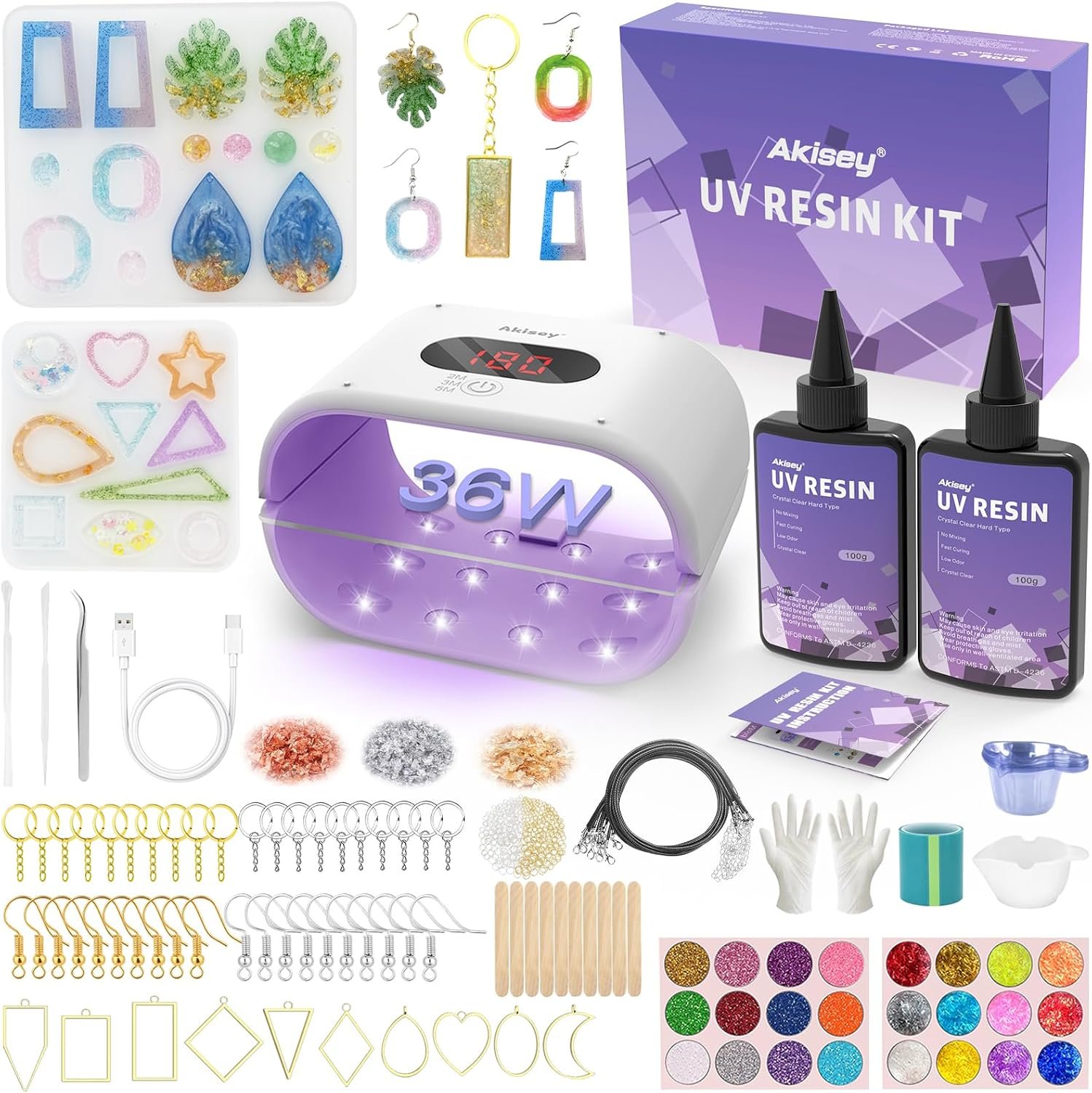 Akisey UV Resin Jewelry Making Kit, 200g UV Resin Kit with UV Light & Mode
