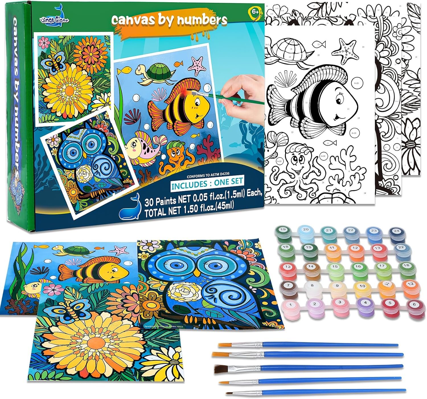 3 Pack Paint by Numbers for Kids Ages 8-12, Pre-Printed Acrylic Oil Painting, Includes (8×10, 8×9, 8×8 inch) Framed Canvas with 30 Acrylic Paint Pots, 5 Brushes for Kids, Art Supplies for Kids 9-12