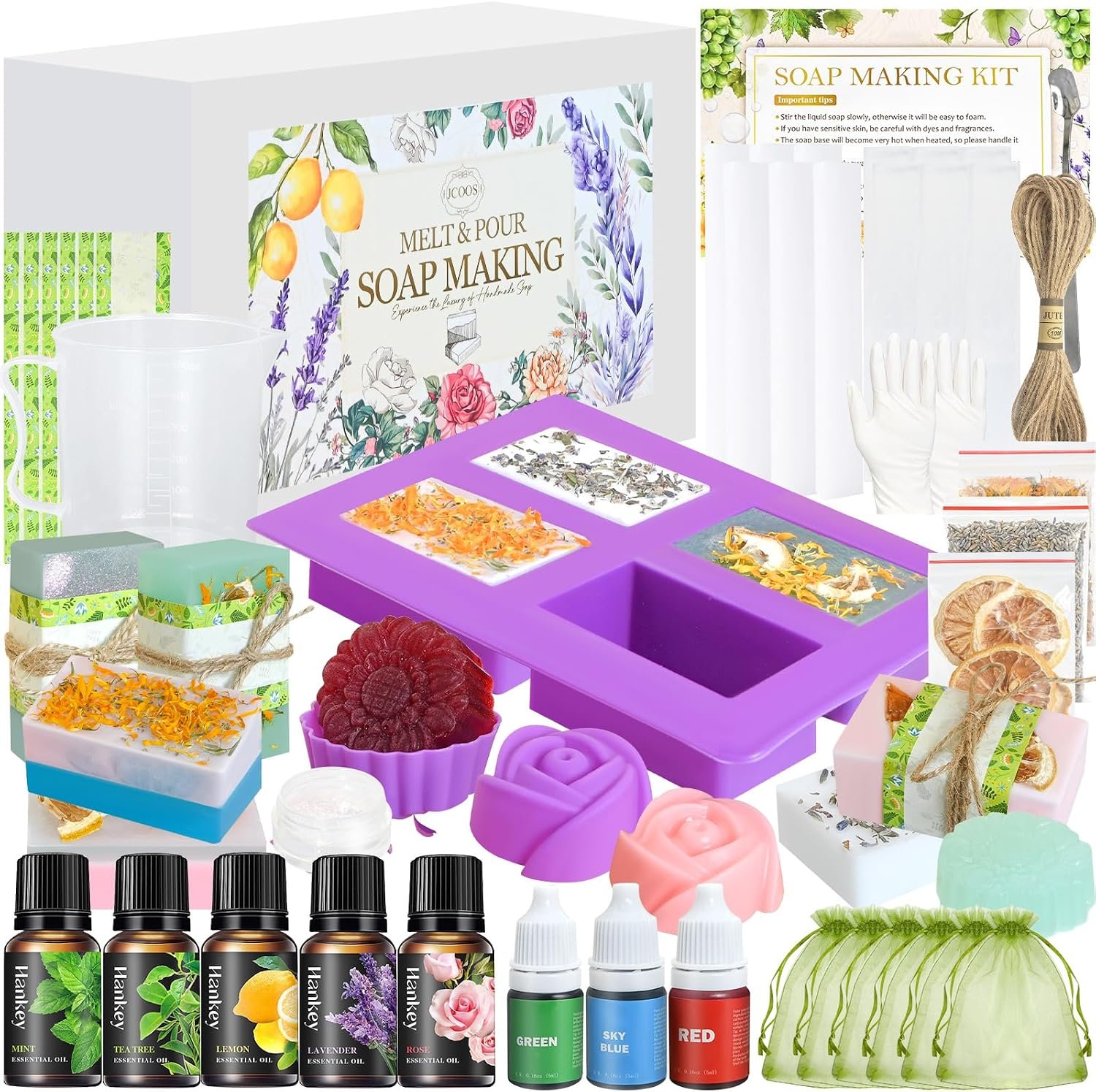Jcoos Soap Making Kit, Soap Making Kit for Adults, Teen- Shea Butter Glycerin Melt and Pour Base, Molds, Dye, Fragrances, Dried Flowers, DIY Craft for Beginners Women,Gift Boxes for Mother’s Day